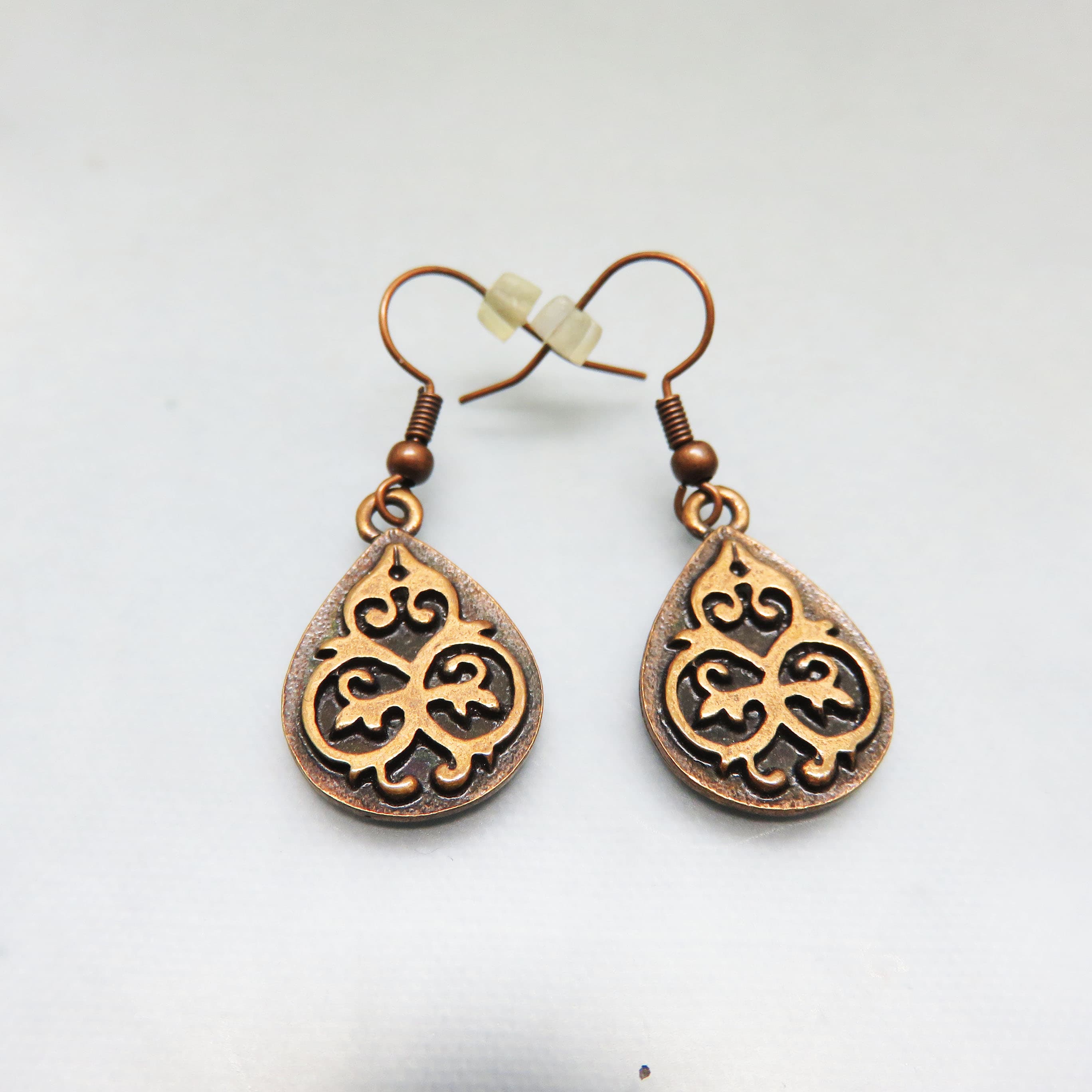 Vintage Copper & Bronze Scrollwork Teardrop Earrings | Artisan French Hook Dangles