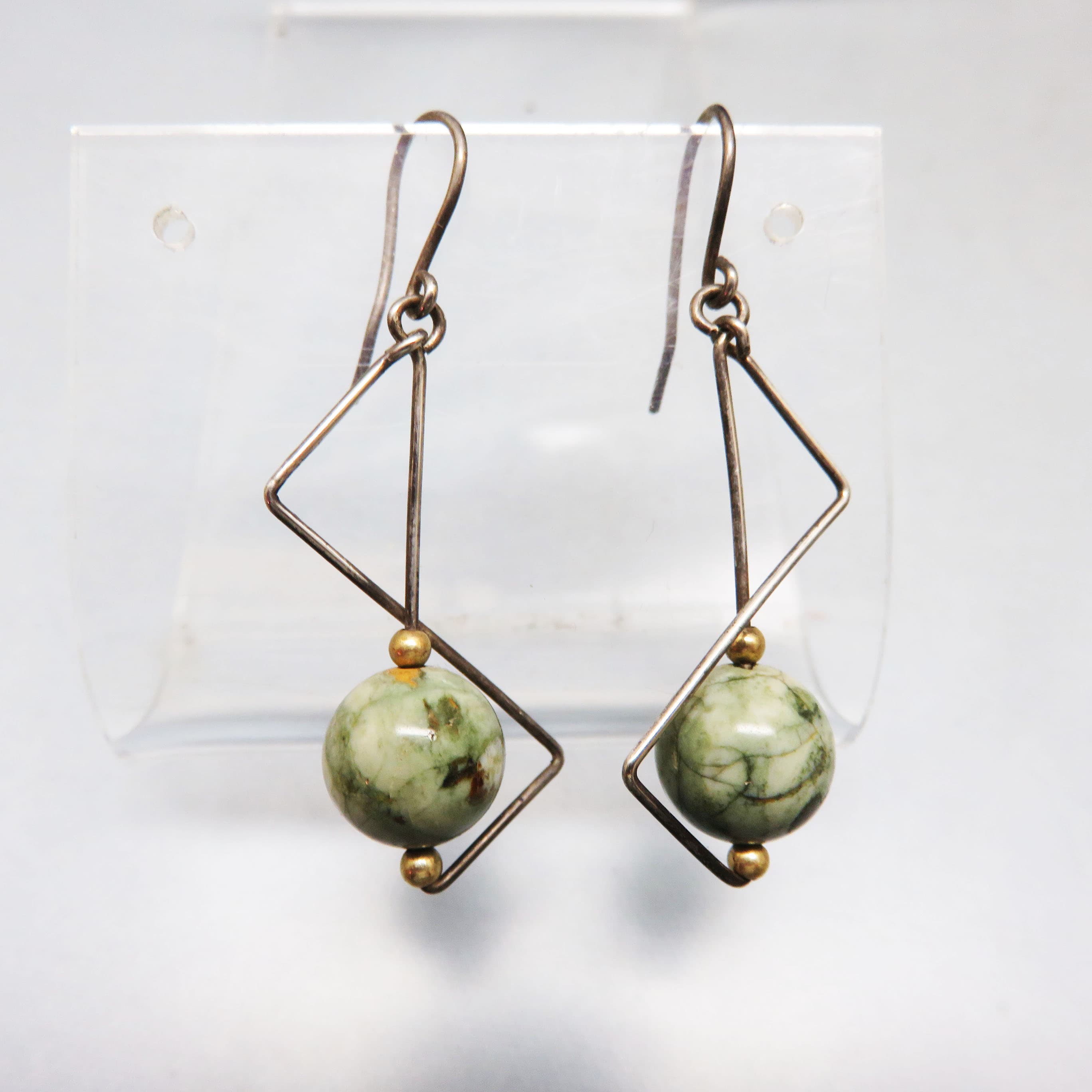 Sterling Silver Geometric Gemstone Dangle Earrings | Mid-Century Modern Green Stone Pierced Earrings