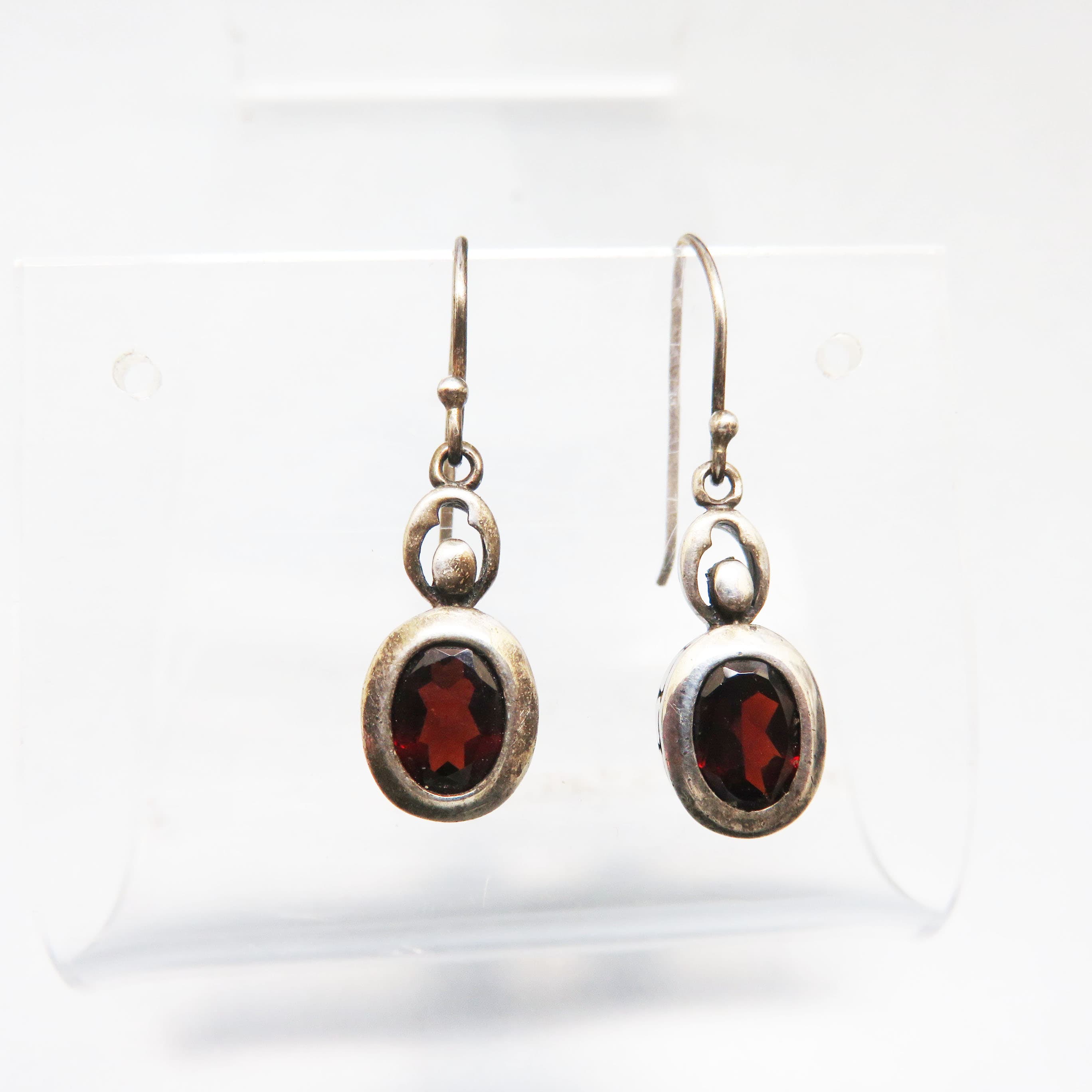 Sterling Silver & Genuine Garnet Drop Earrings | Faceted Oval Garnet Pierced Earrings | 925 Vintage Jewelry