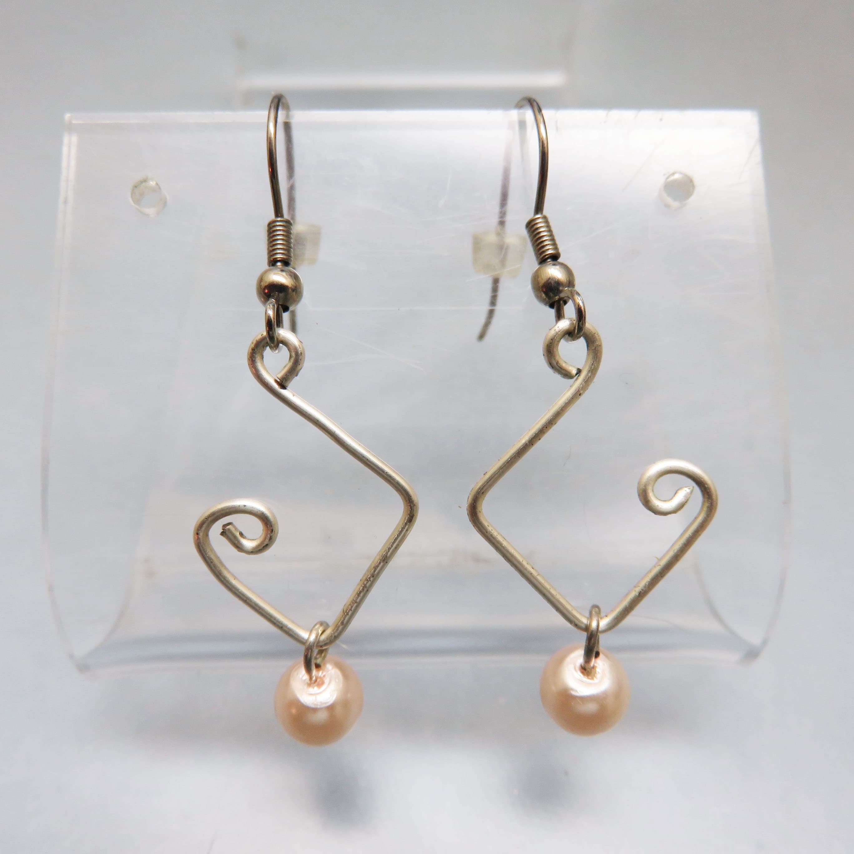 Sterling Wire & Blush Faux Pearl Artisan Earrings | Modernist French Hook Dangles | Vintage Statement Earrings