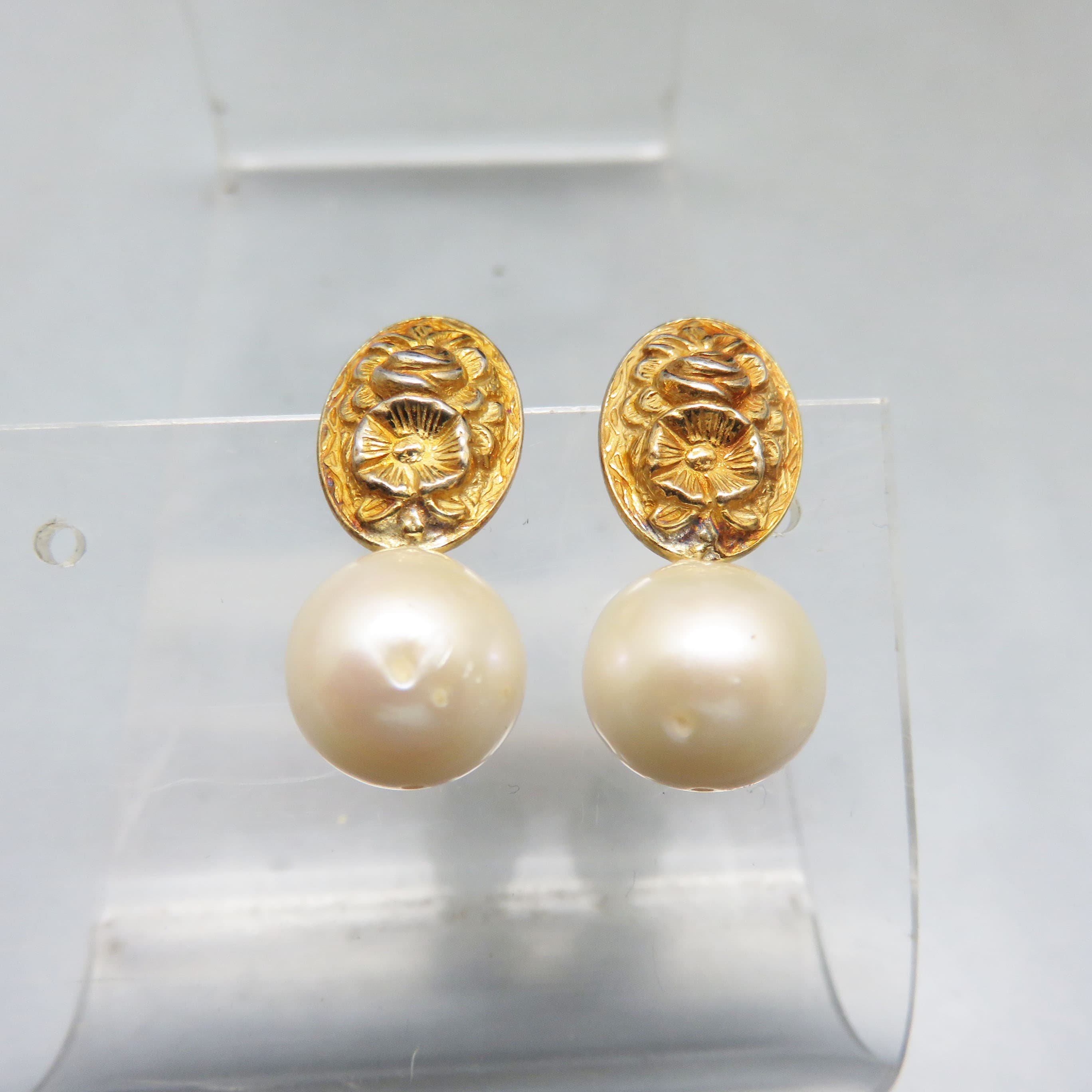 Gold Vermeil & Cultured Pearl Drop Earrings | Sterling Silver 925 | Vintage Floral Post Earrings