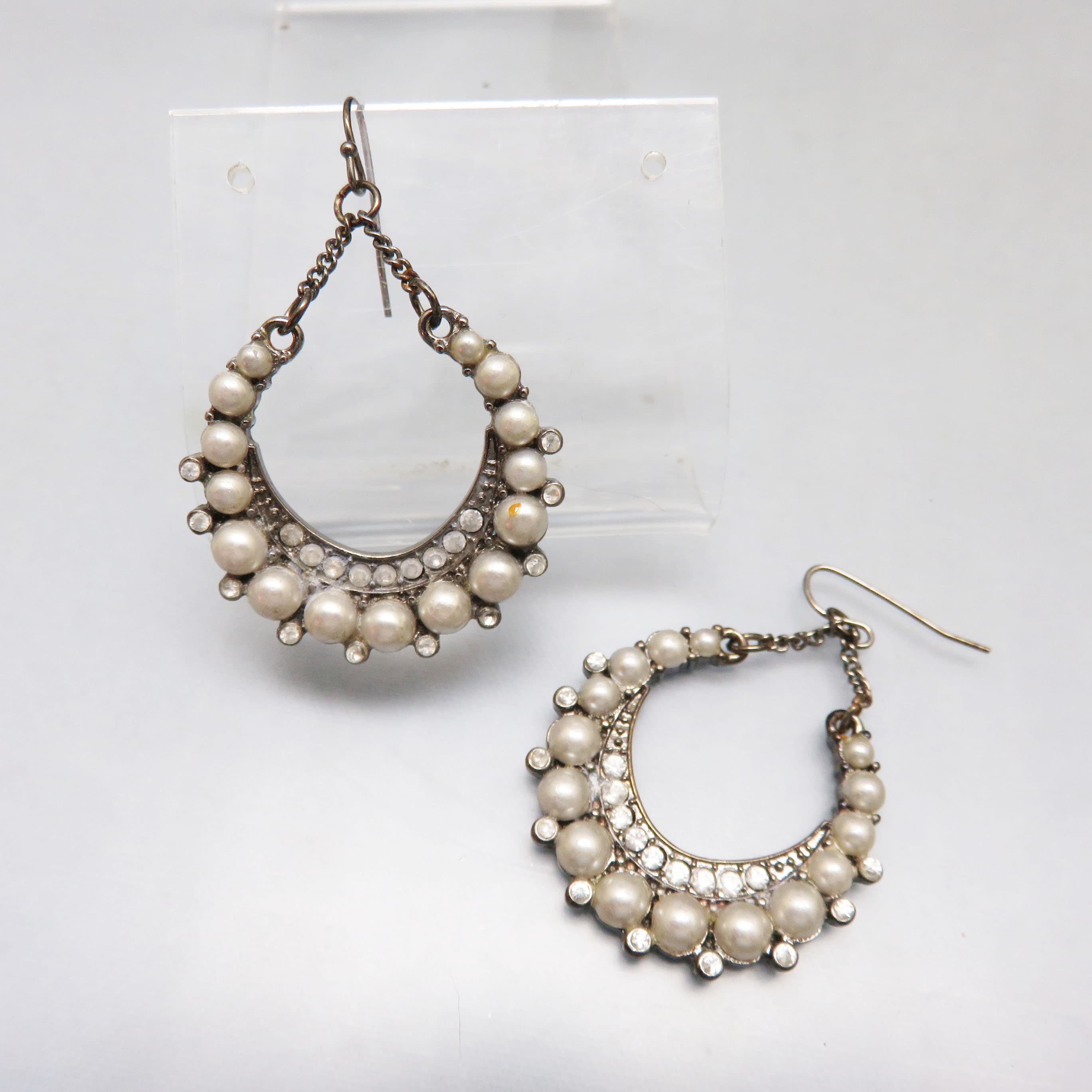 Moonlit Pearl and Rhinestone Crescent Earrings