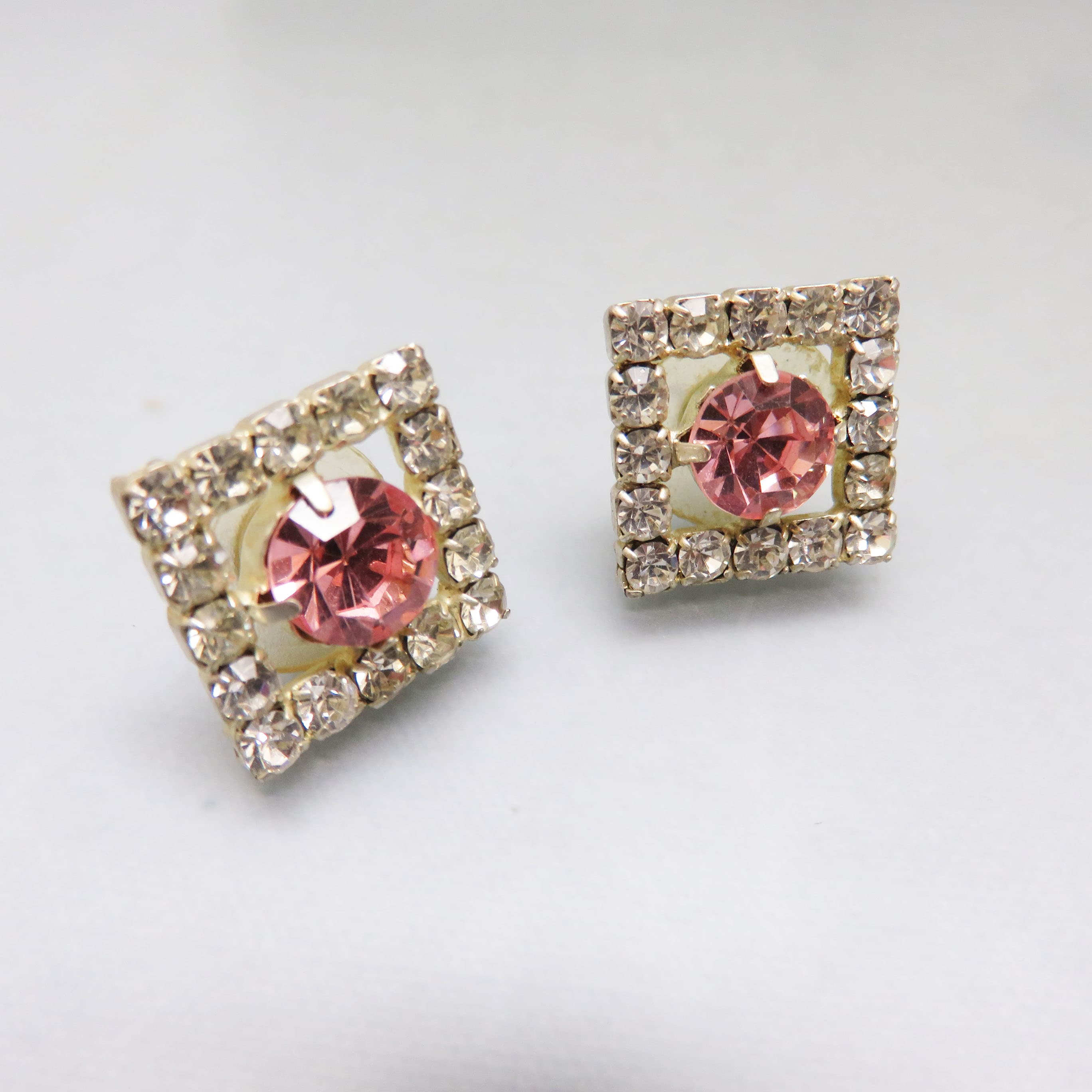 Pink Champagne 1960s Rhinestone Stud Earrings
