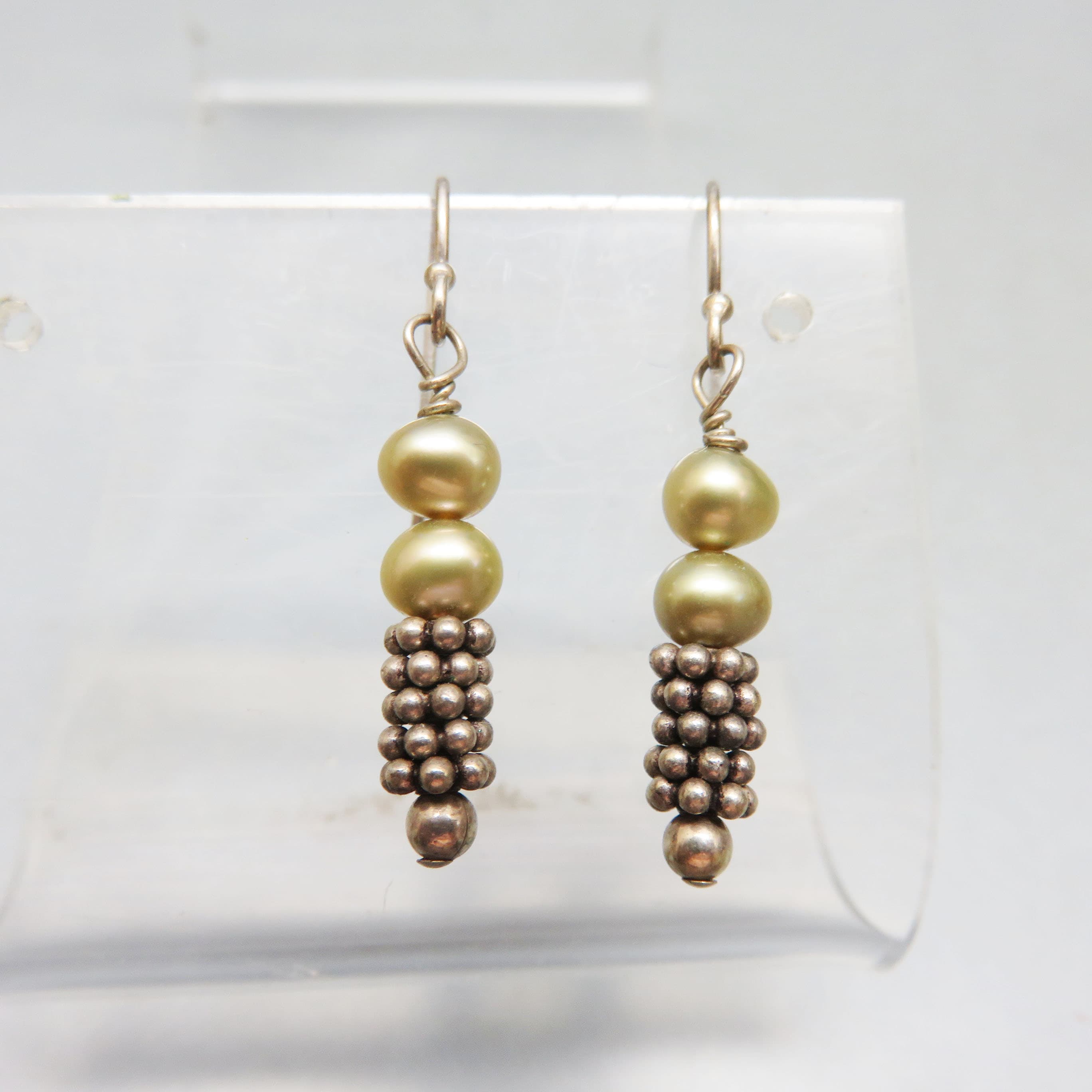 Pale Green Pearl and Sterling Silver Drop Earrings