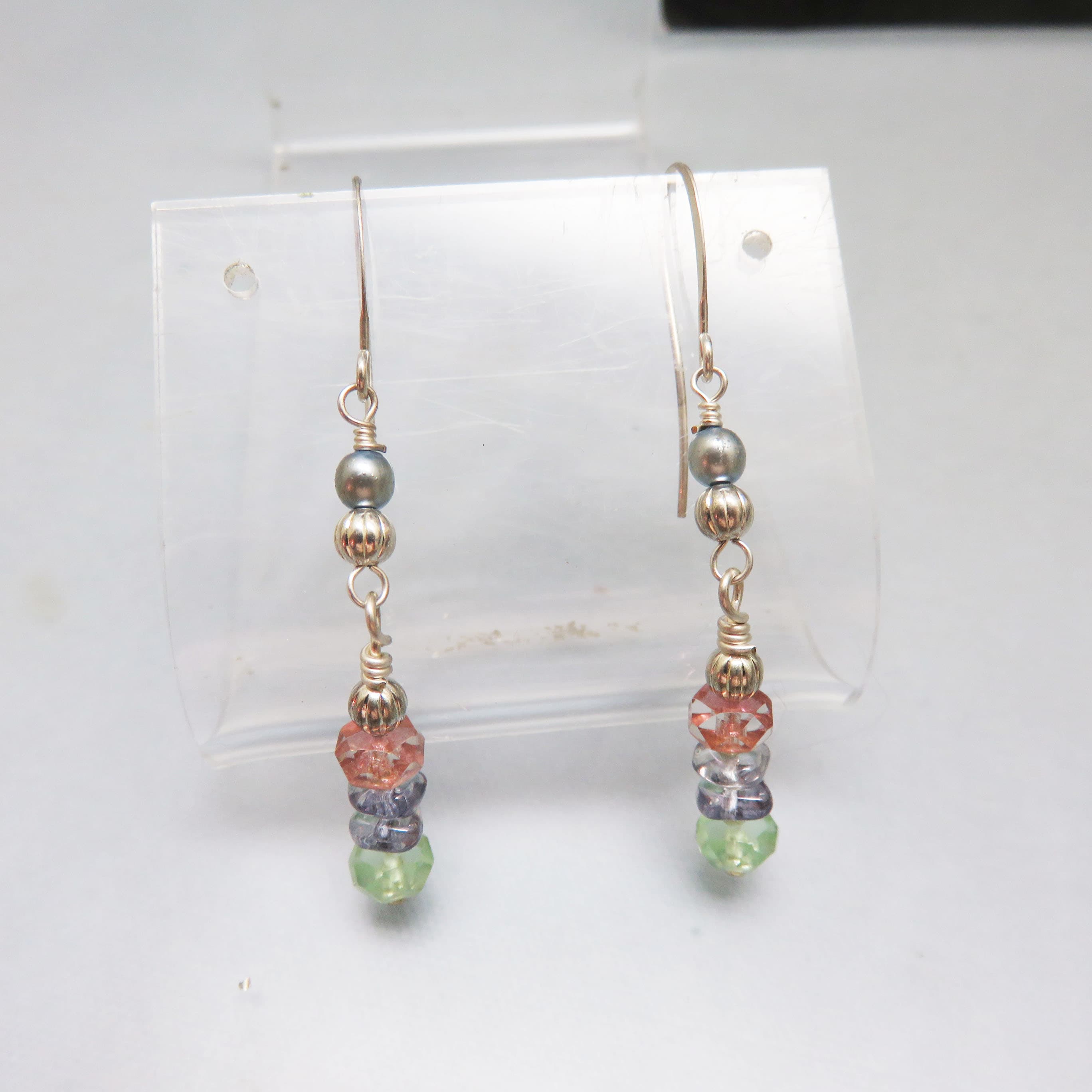 Pastel Crystal and Gray Pearl Handmade Drop Earrings