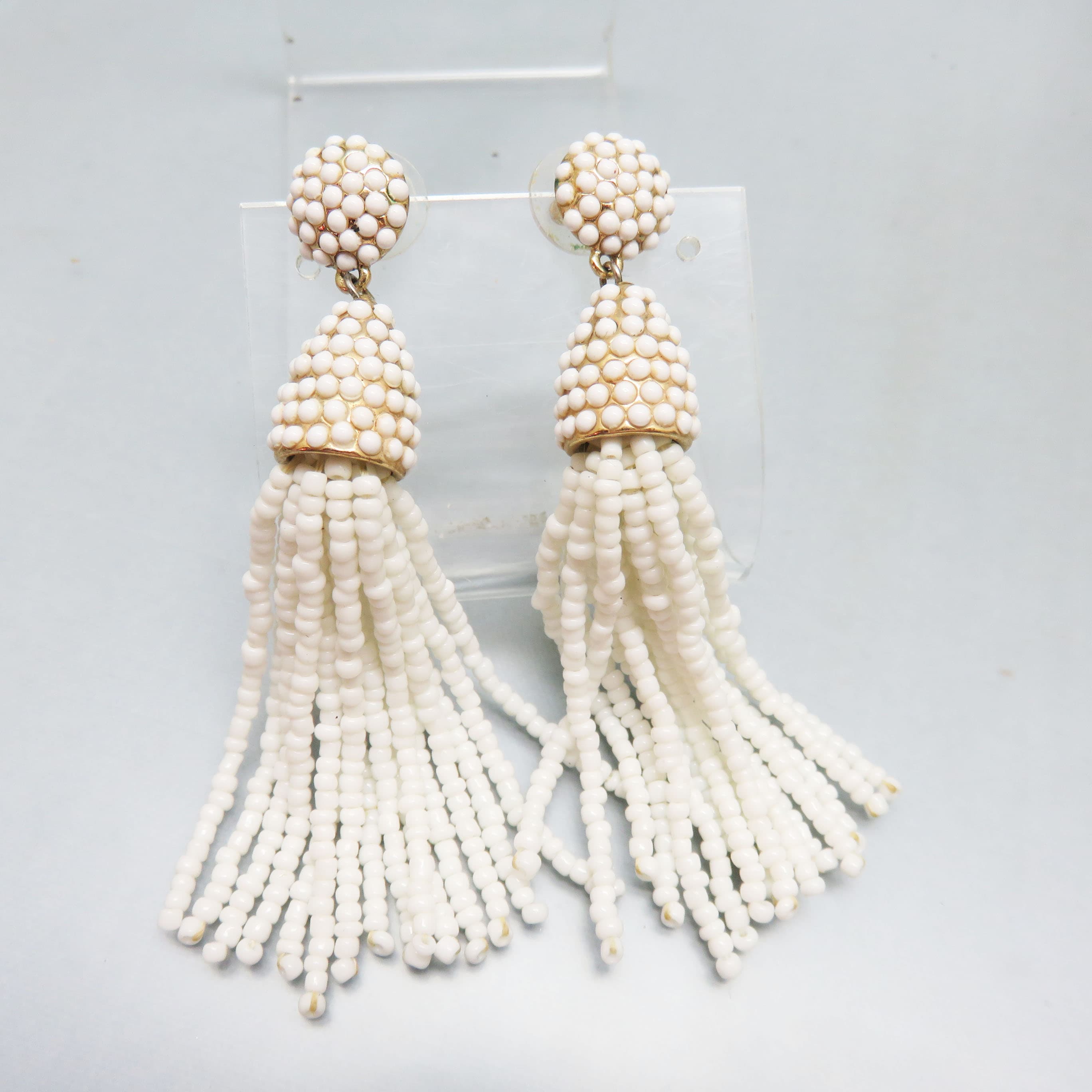 Vintage White Glass Beaded Tassel Statement Earrings