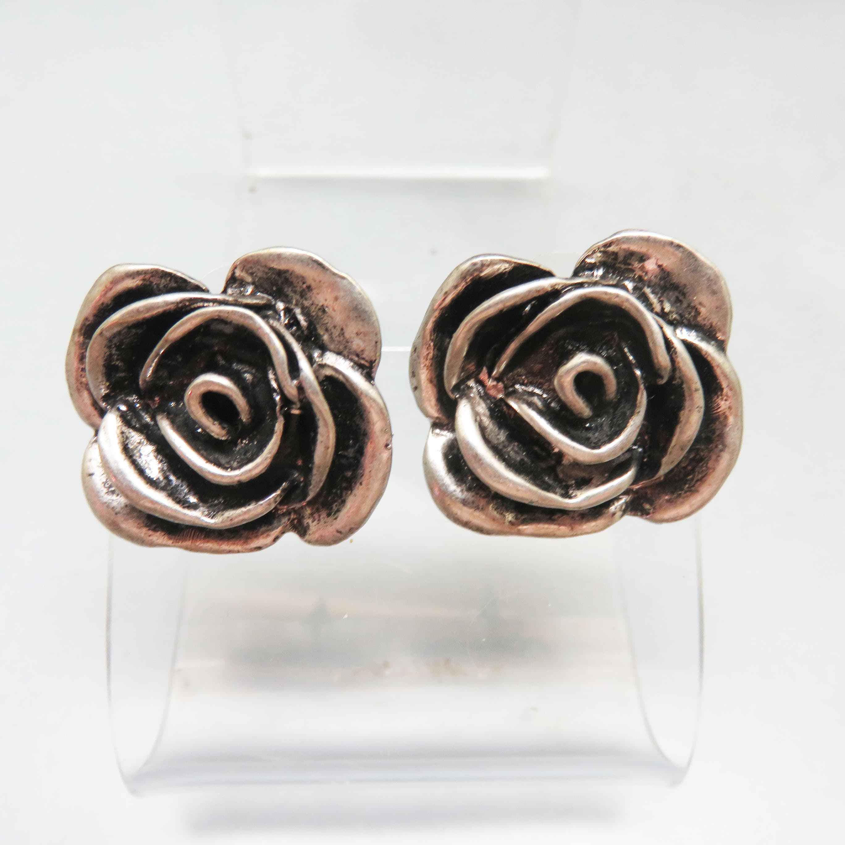 Sculpted Antiqued Silvertone Rose Earrings