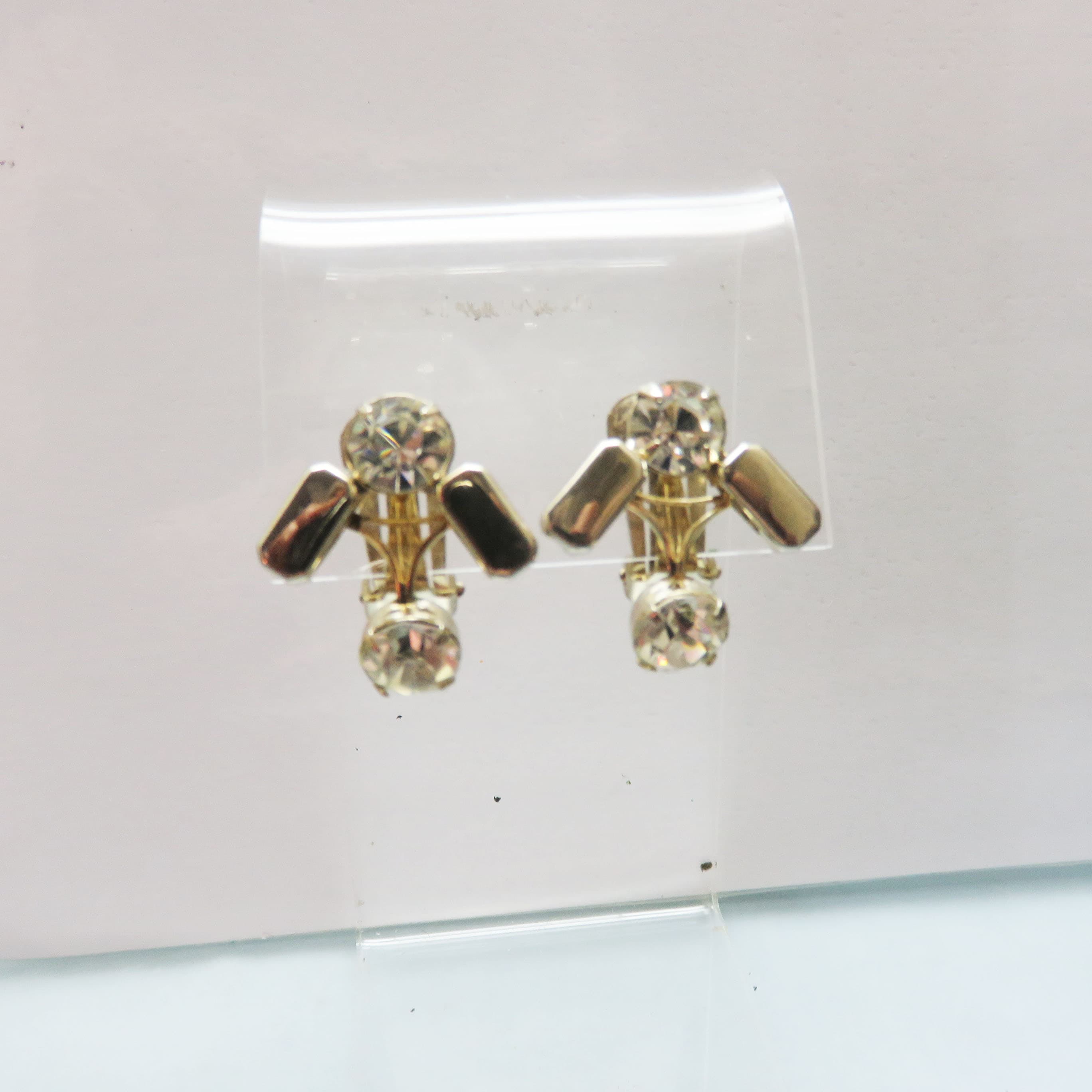Vintage Modernist Geometric Rhinestone Clip-On Earrings