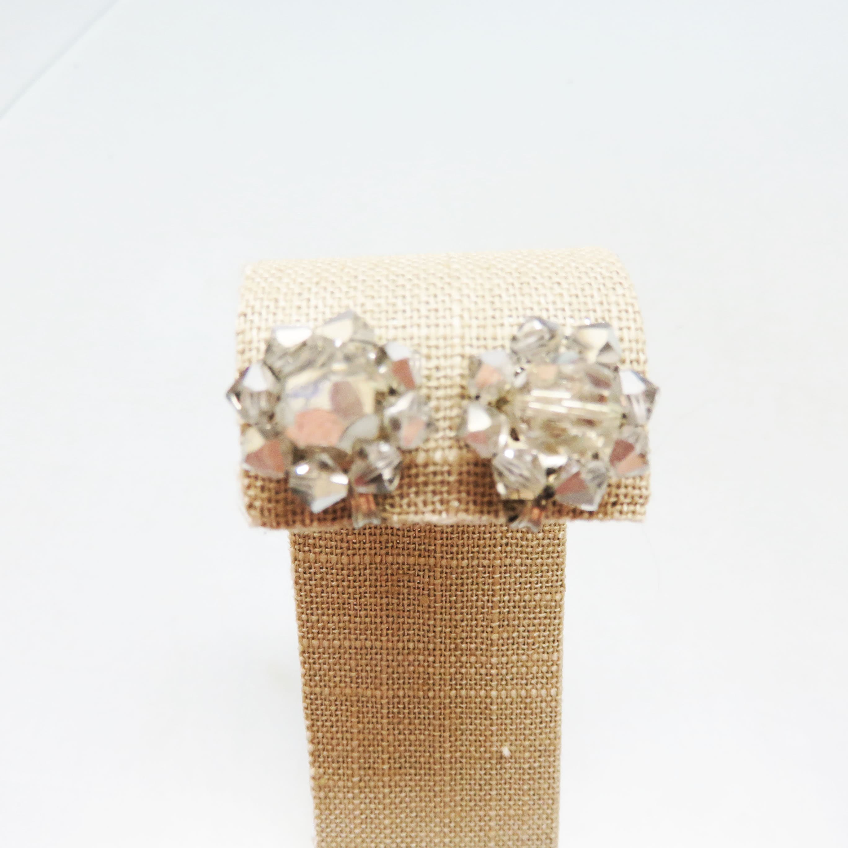 Petite Silvered Aurora Borealis Crystal Cluster Clip-On Earrings