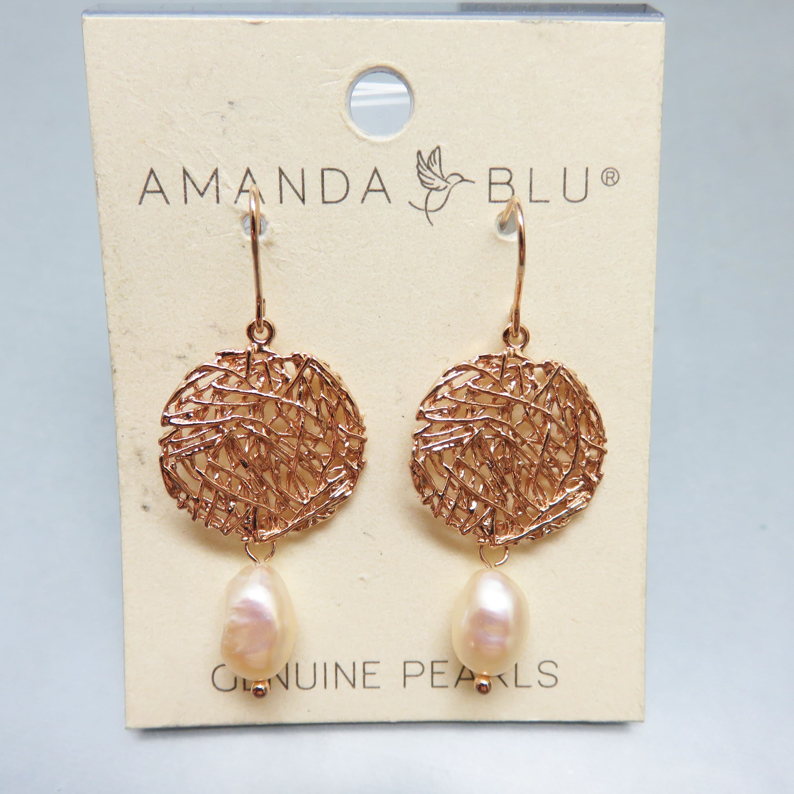 Amanda Blu Rose-Gold Dipped Bird Nest Medallion and Genuine Pearl Drop Earrings — New on Original Card