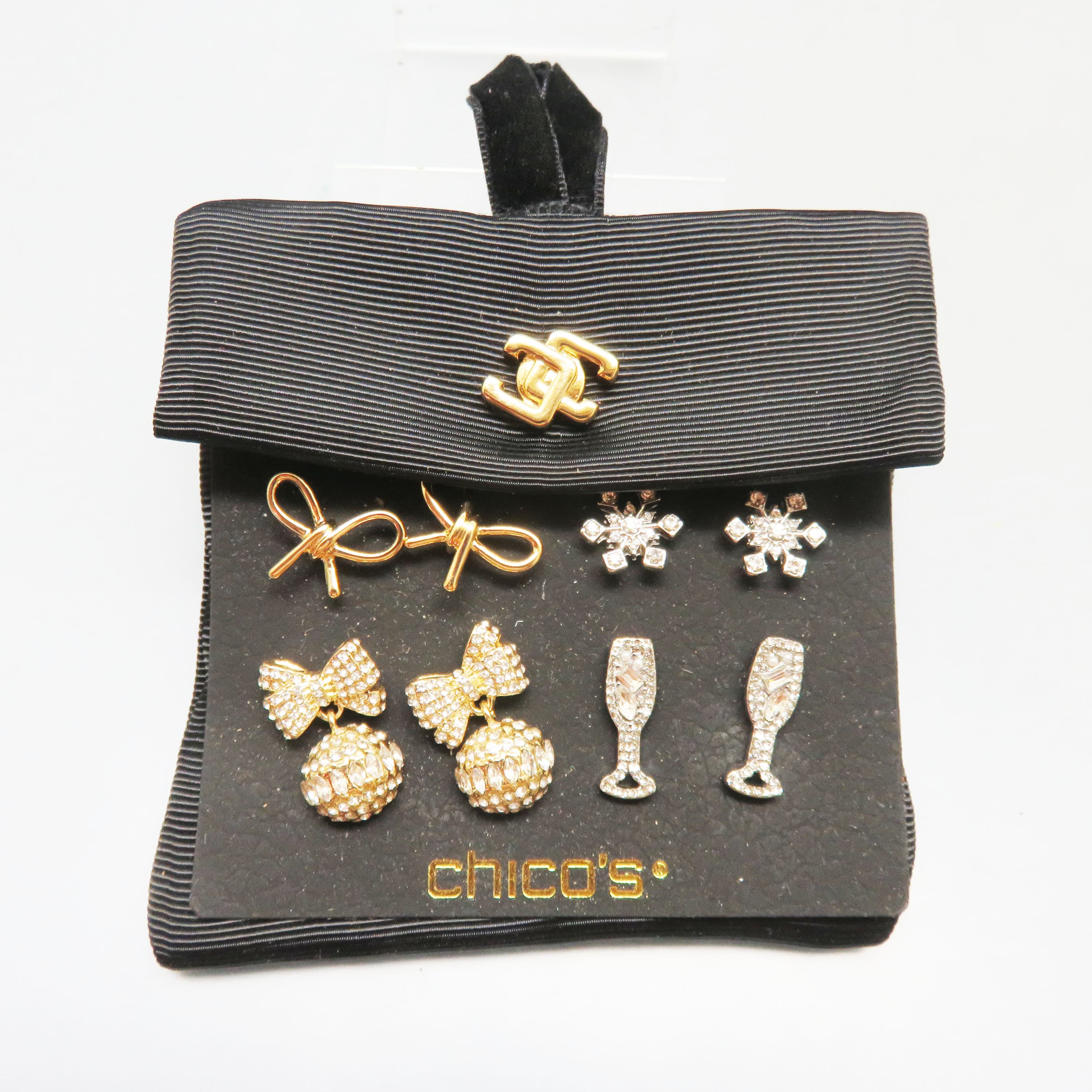 Chico’s Festive Holiday Earring Gift Set — Four Pairs with Original Peau de Soie Pouch, New on Card