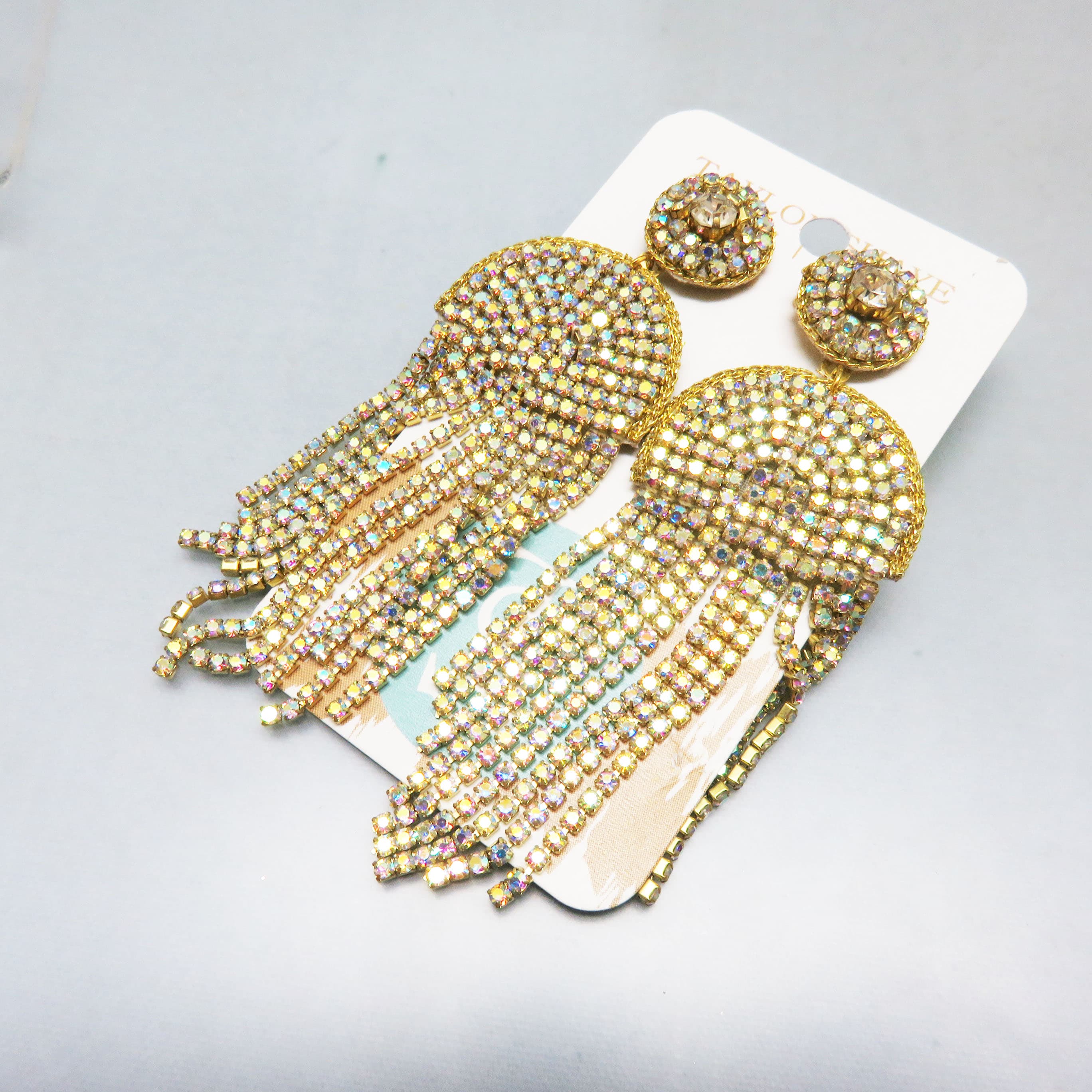 Taylor Shaye Gold Aurora Borealis Rhinestone Fringe Earrings — New on Original Card