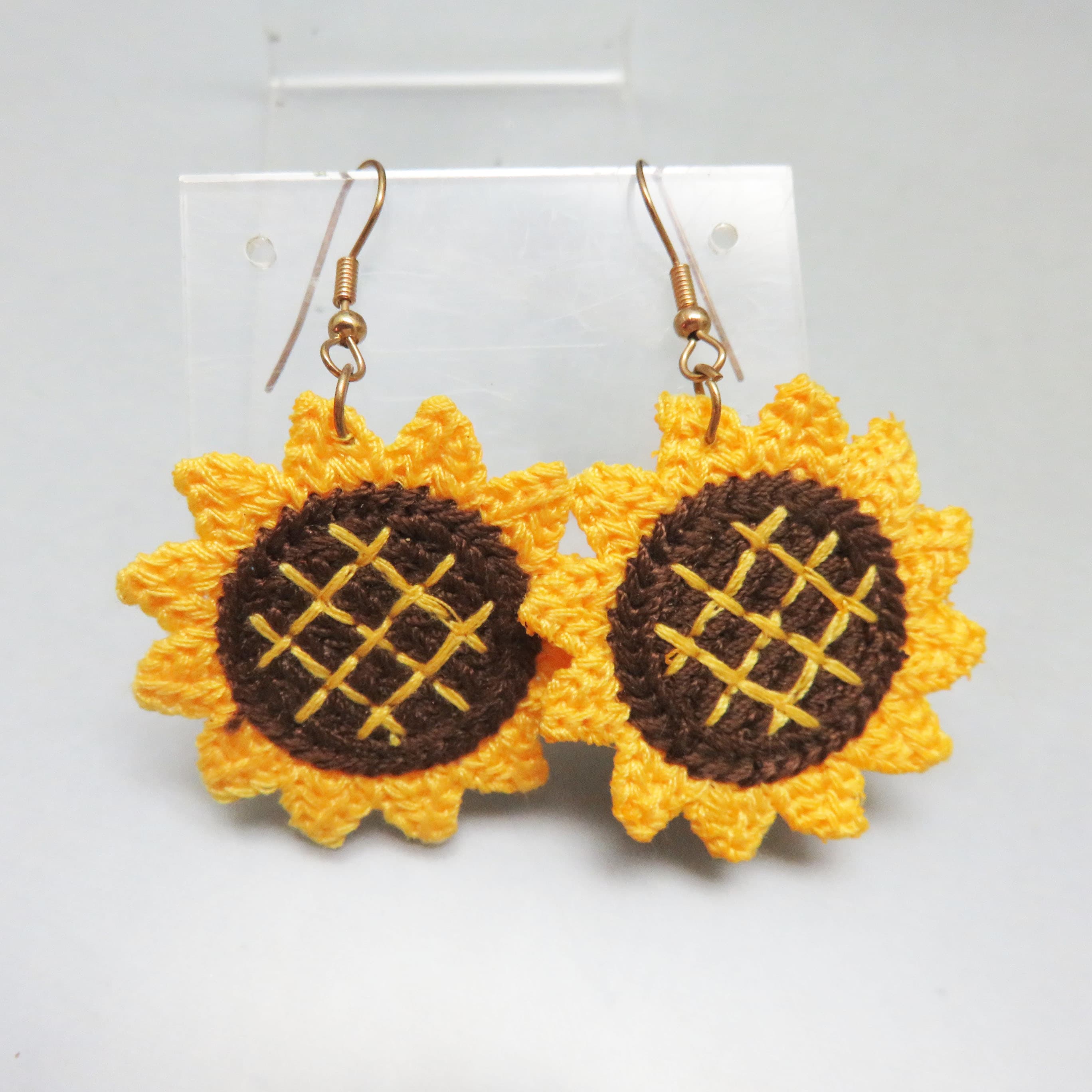 Vintage Embroidered Sunflower Earrings — Yellow Textile Flower Dangles