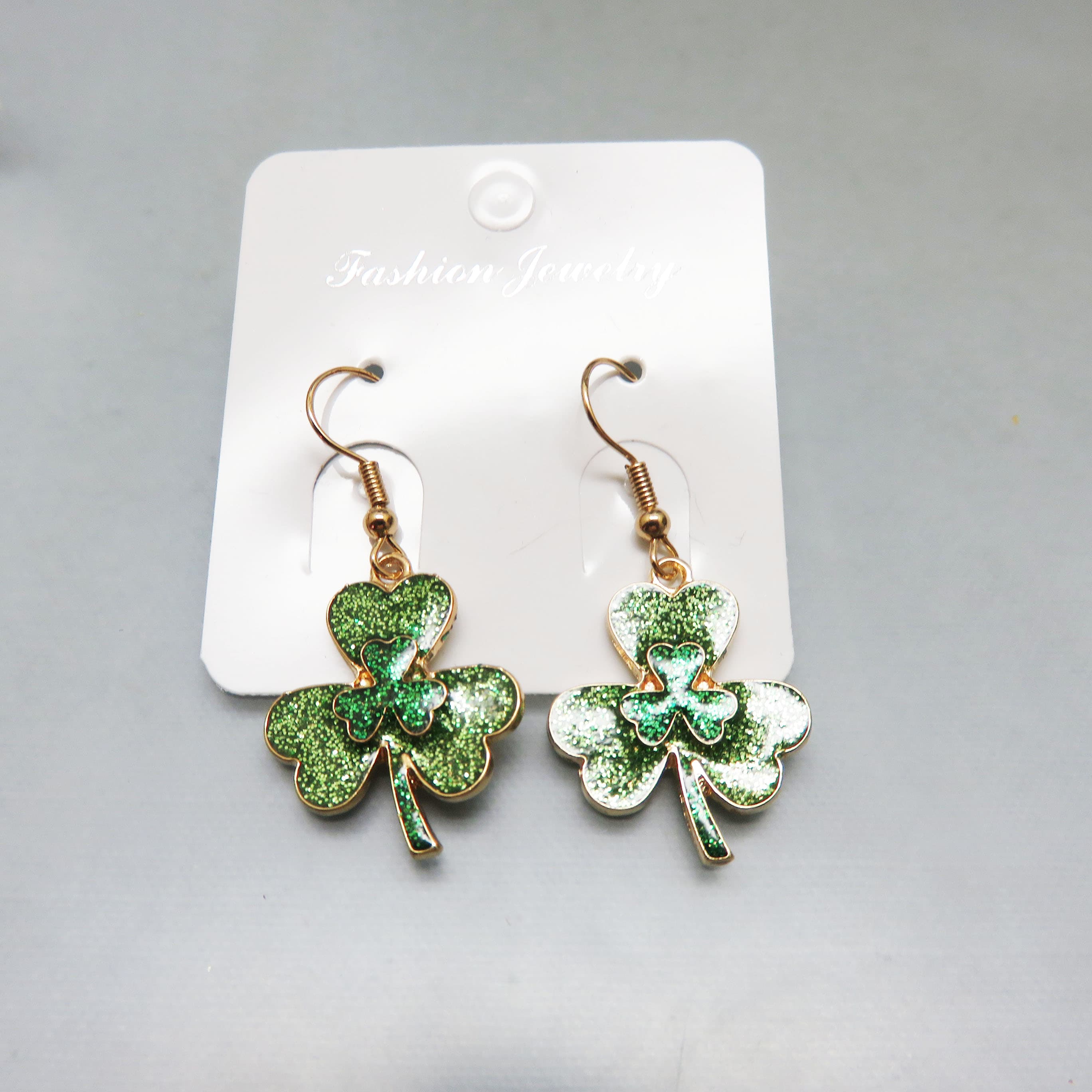 Glittering Green Shamrock Heart Dangle Earrings