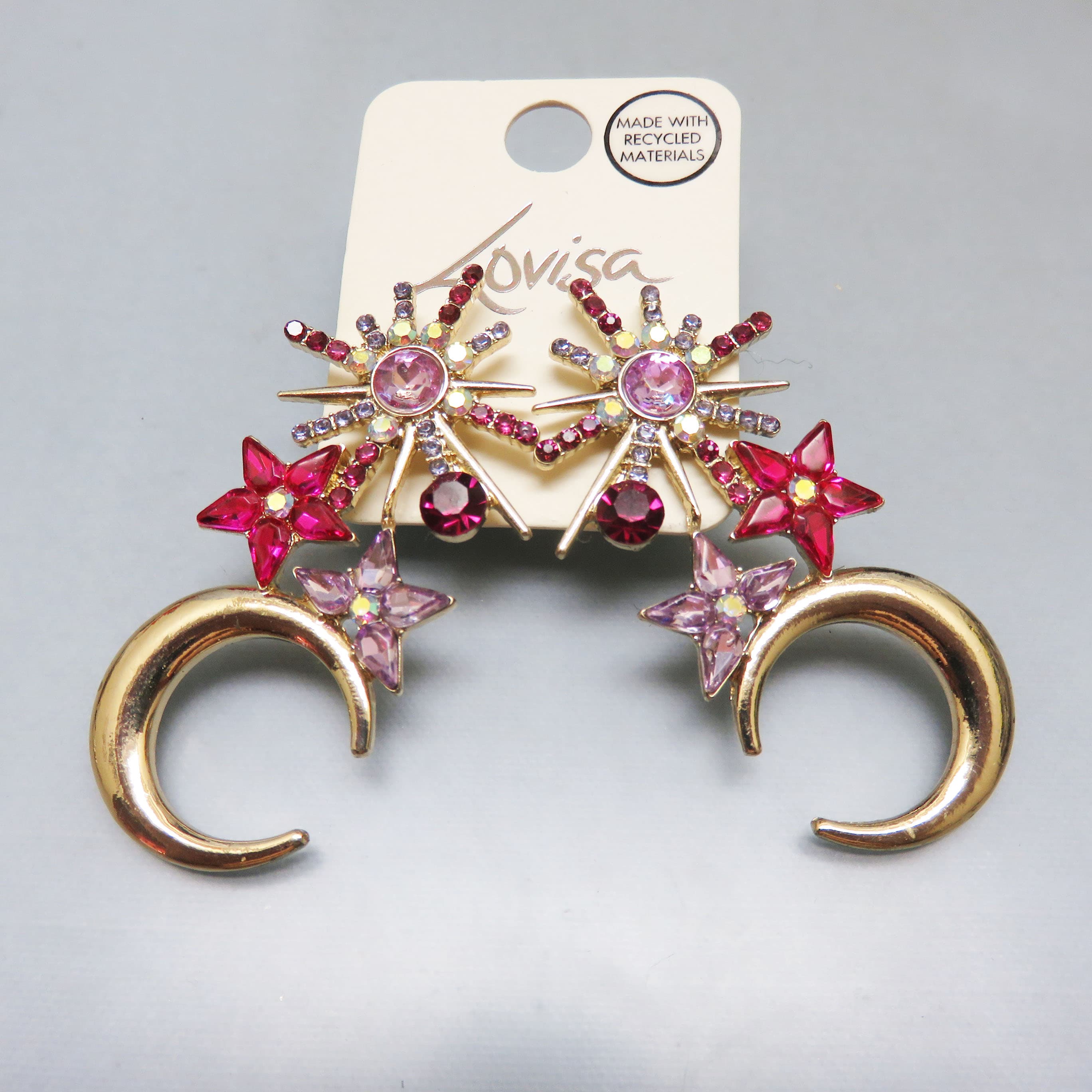 Lovisa Pink Rhinestone Celestial Star and Crescent Moon Earrings