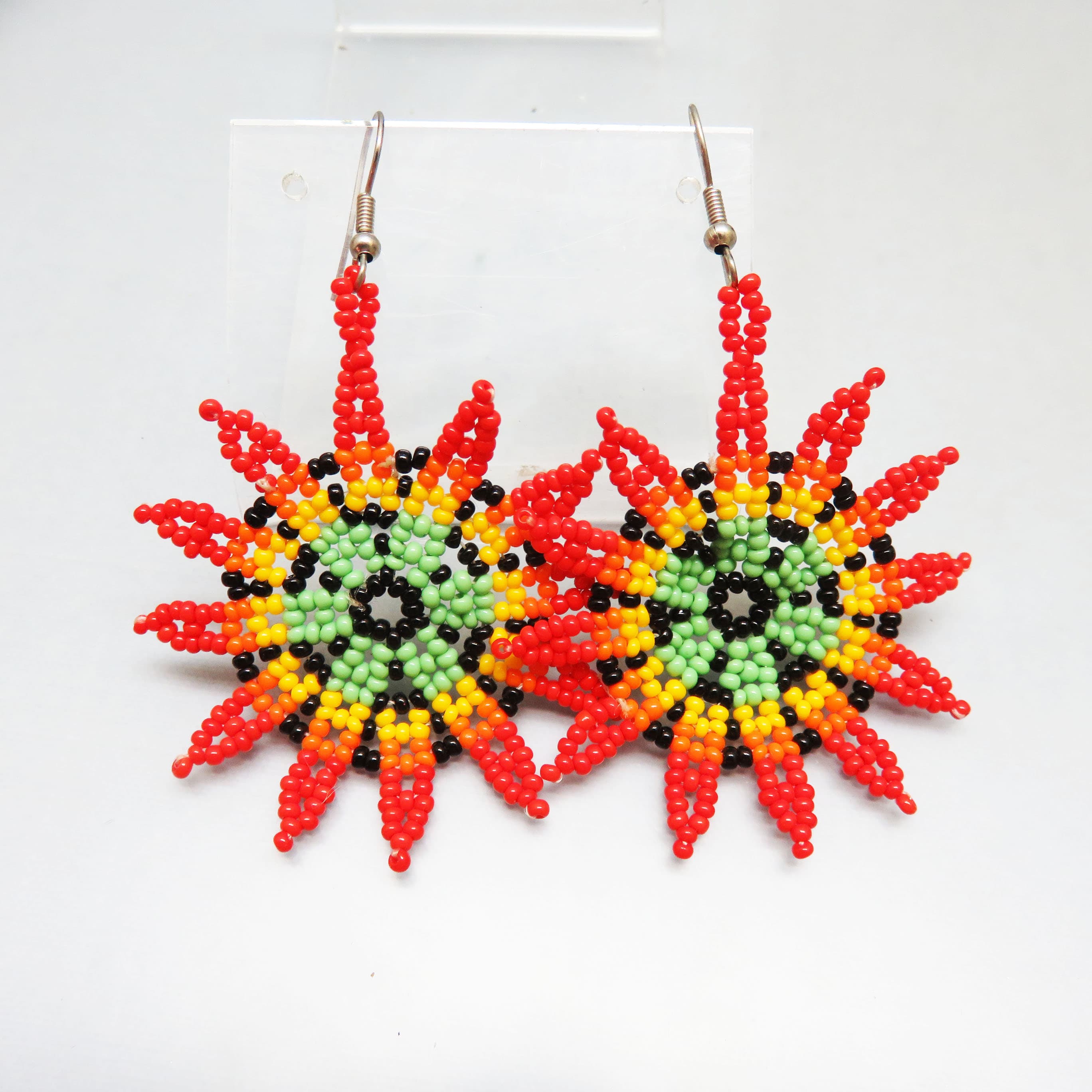 Handwoven Seed Bead Sunburst Earrings, Red Orange Green Black Oversized Statement Dangles