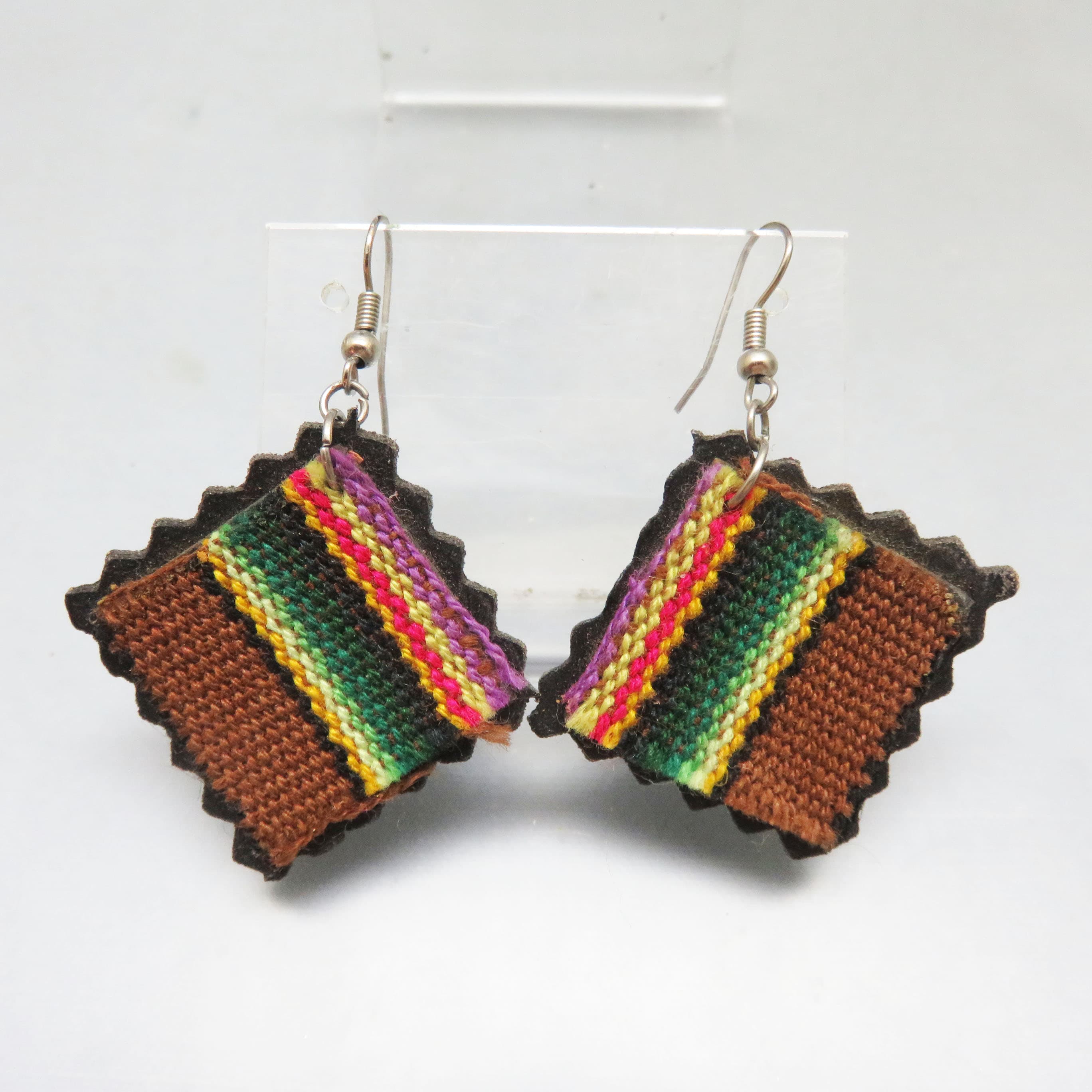 Multicolor Woven Textile Diamond Earrings, Geometric Fabric Statement Dangles