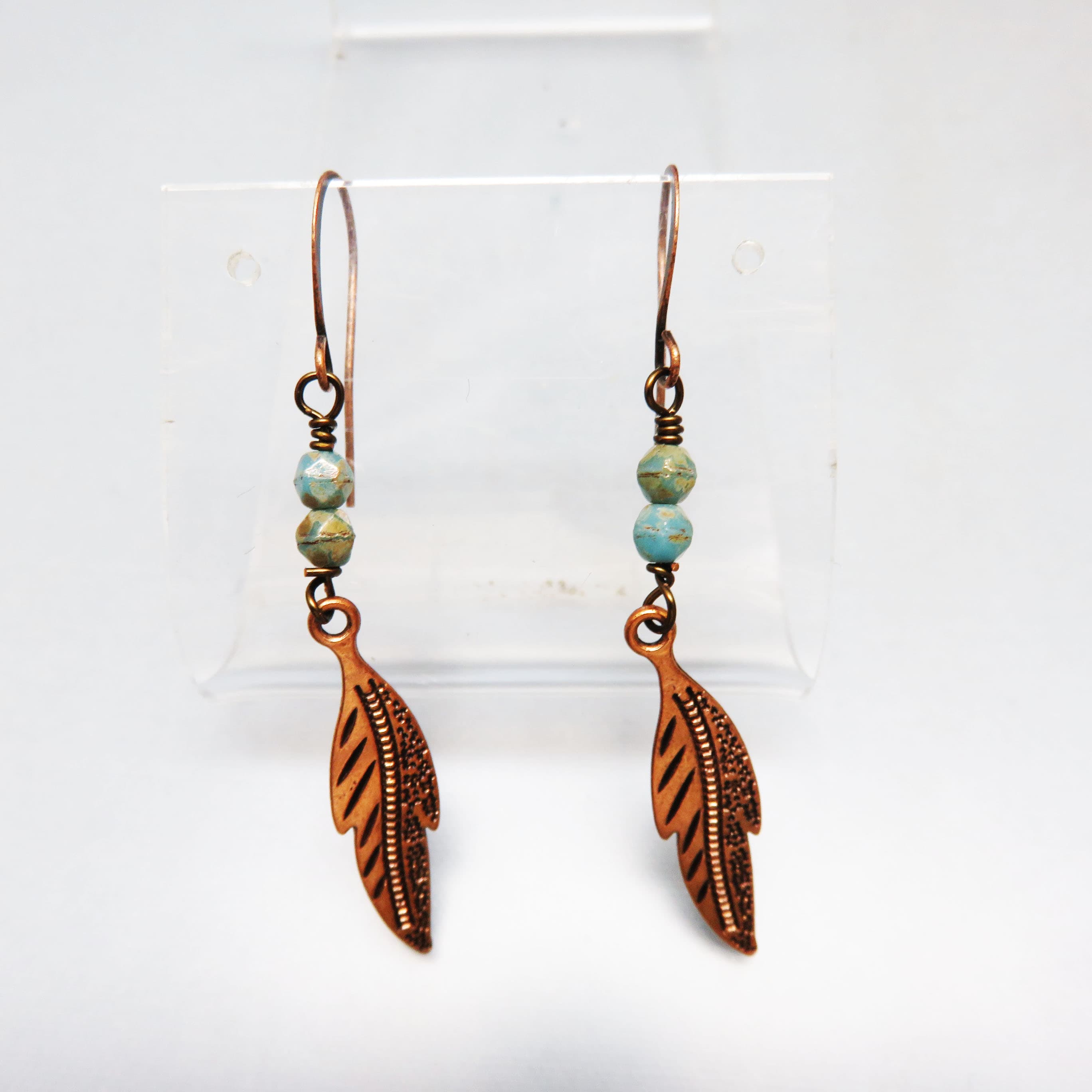Copper Feather and Turquoise Picasso Glass Earrings