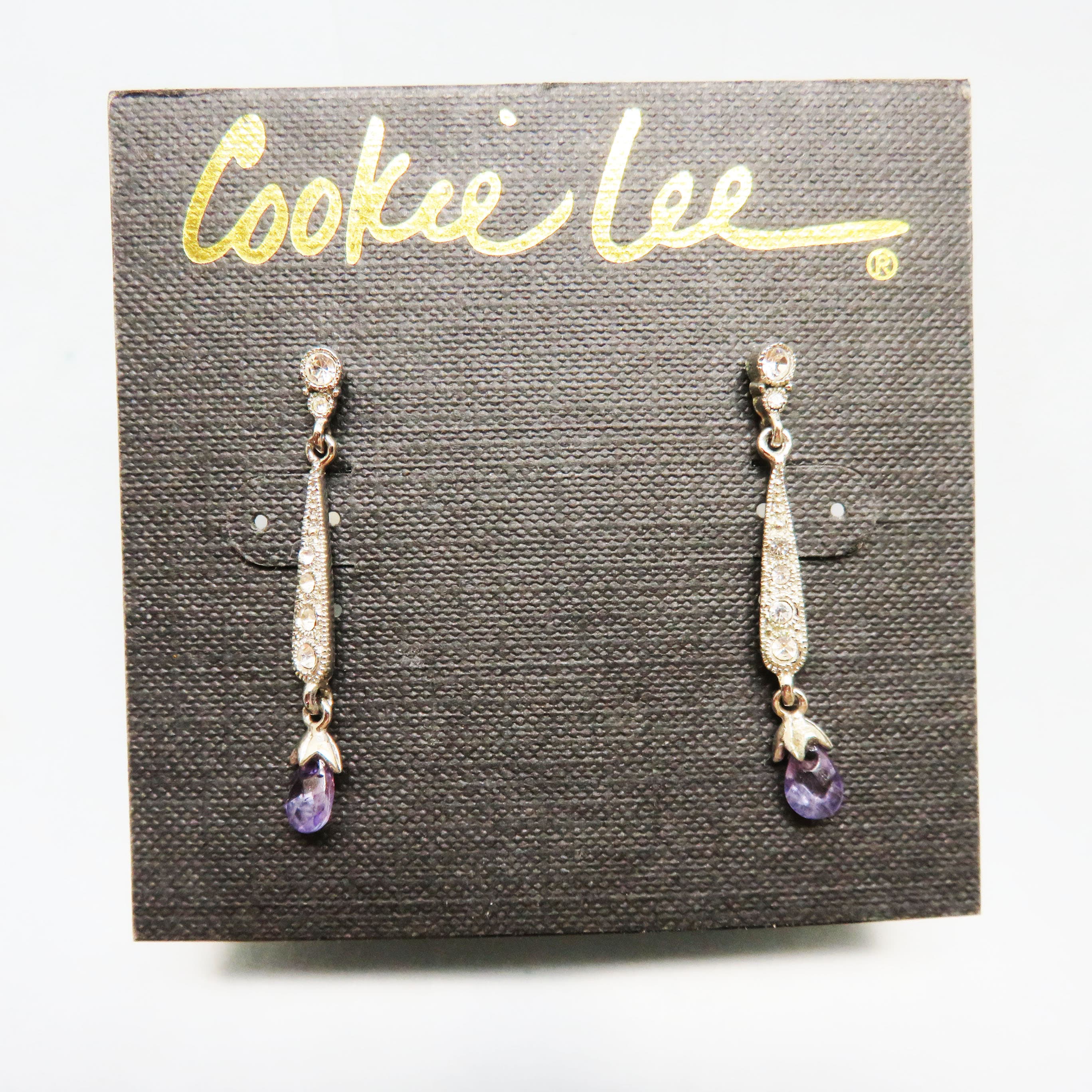 Cookie Lee Purple Crystal and Rhinestone Linear Drop Earrings