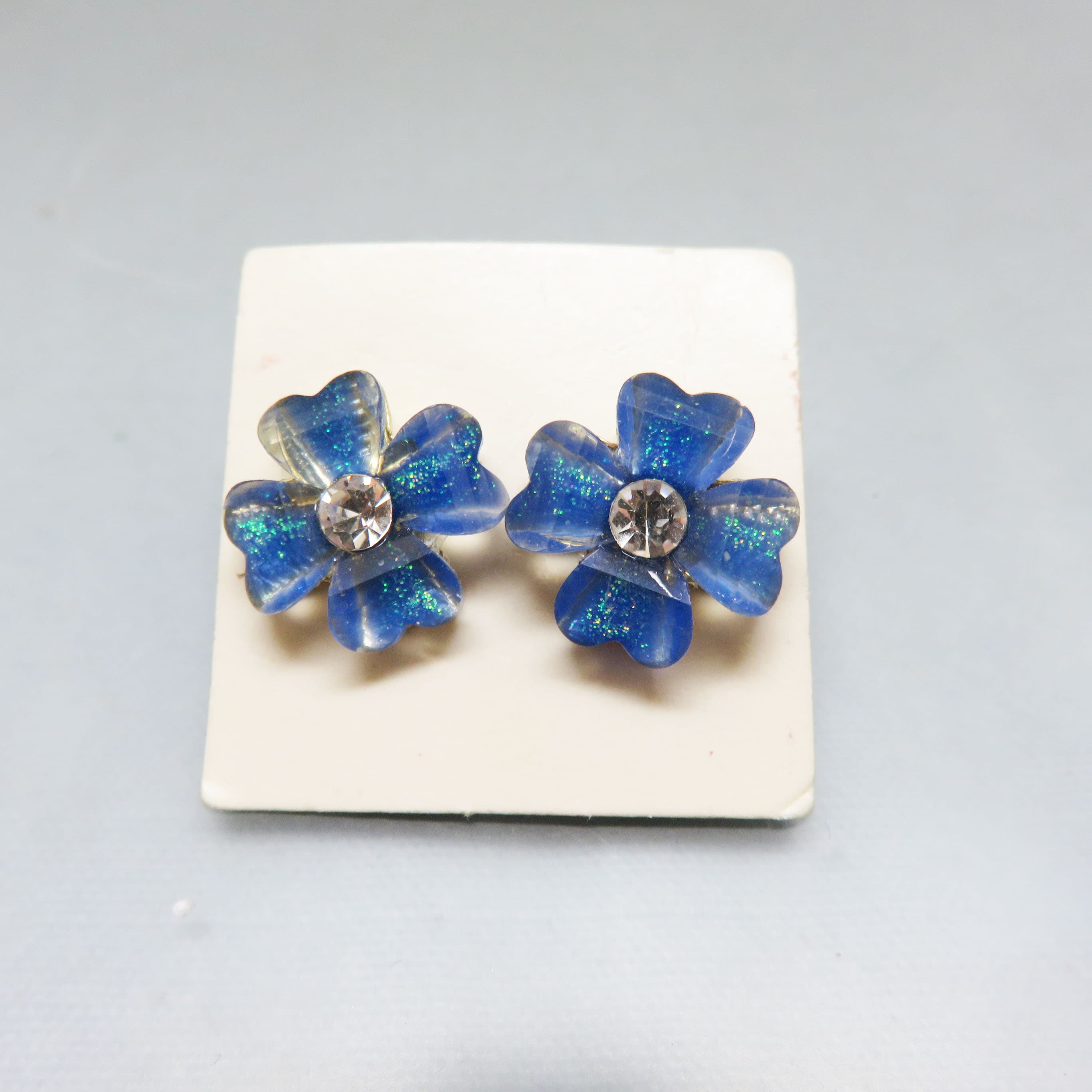 Blue Glitter Acetate Flower Rhinestone Post Earrings