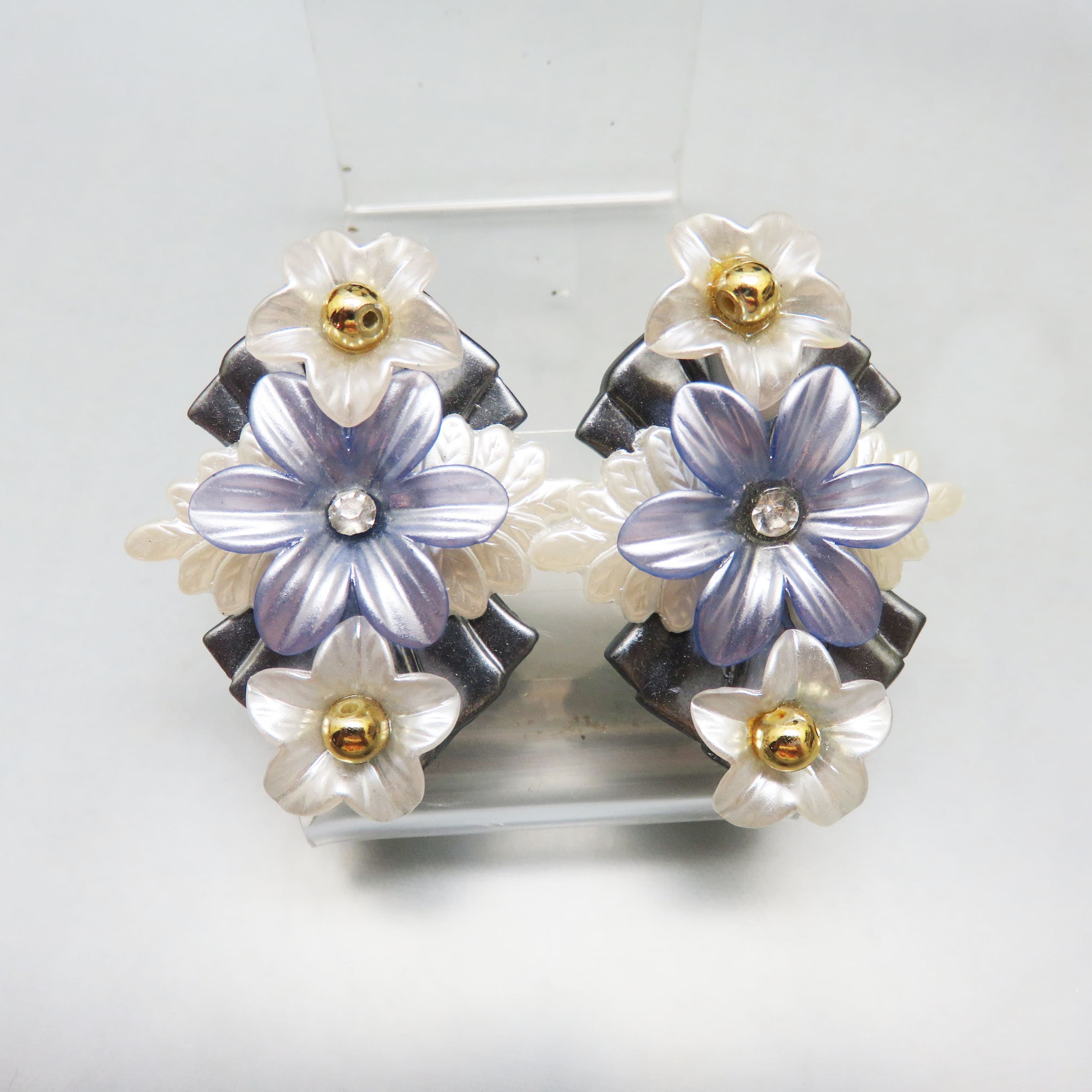 Vintage Blue and White Dimensional Flower Statement Earrings