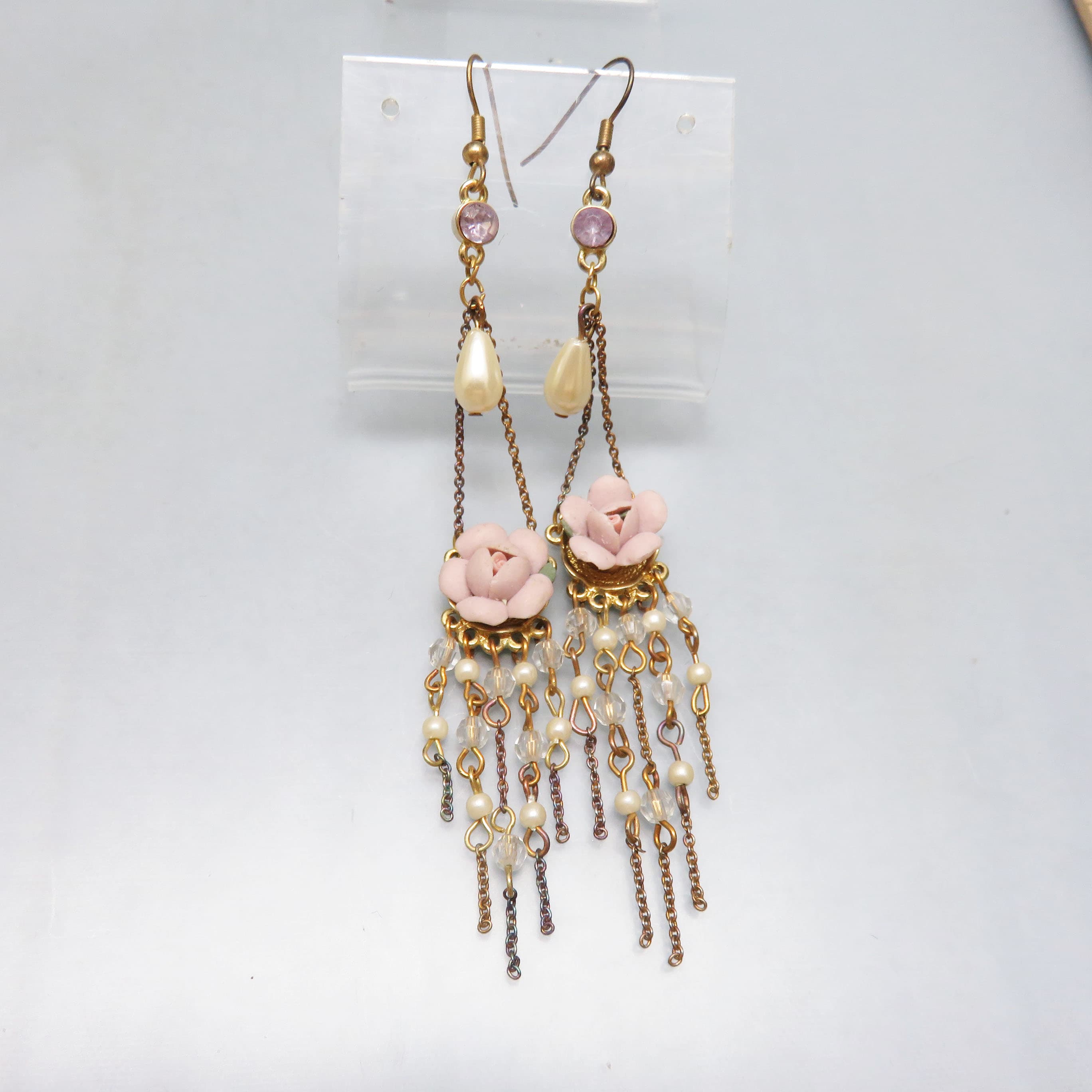 Vintage Bisque Rose and Faux Pearl Chandelier Earrings