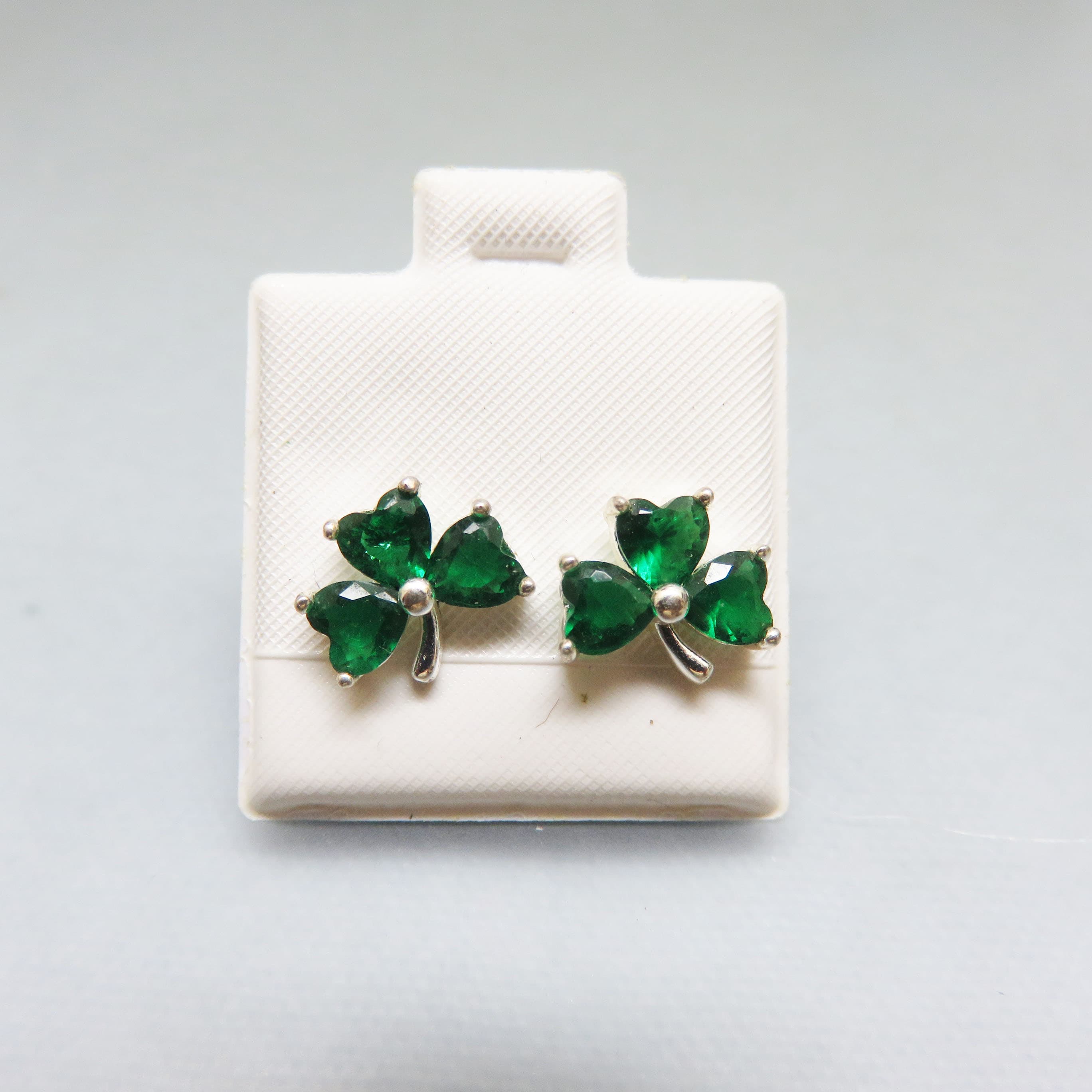 Green CZ Shamrock Rhodium-Plated Stud Earrings