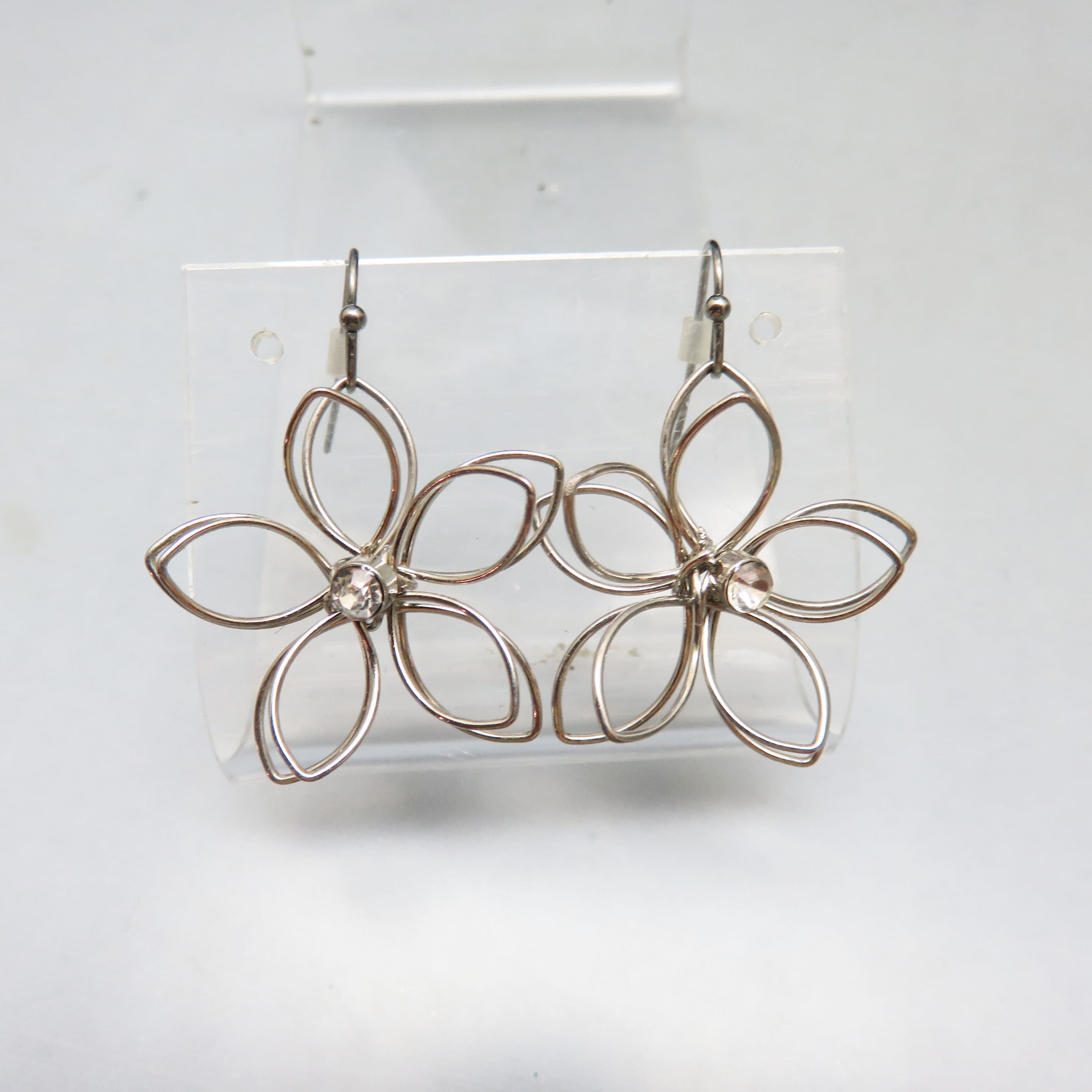 Silvertone Wire Flower and Rhinestone Dangle Earrings