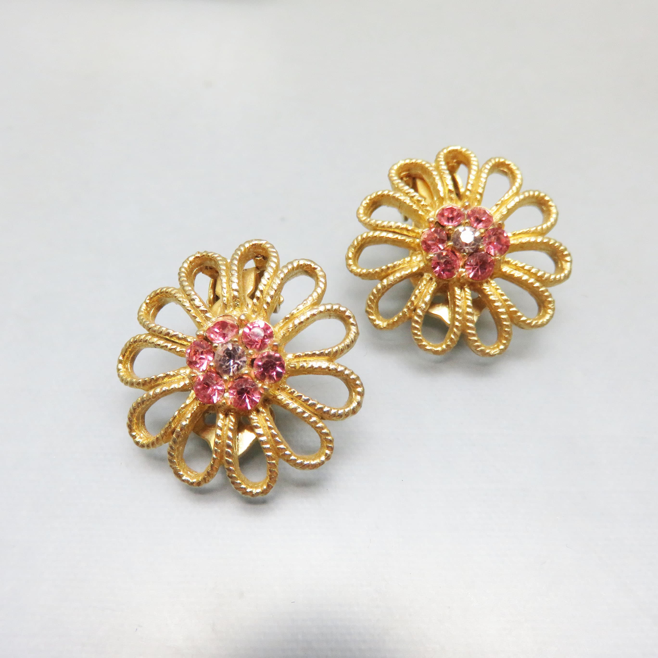 1960s Pink Rhinestone Goldtone Flower Clip-On Earrings