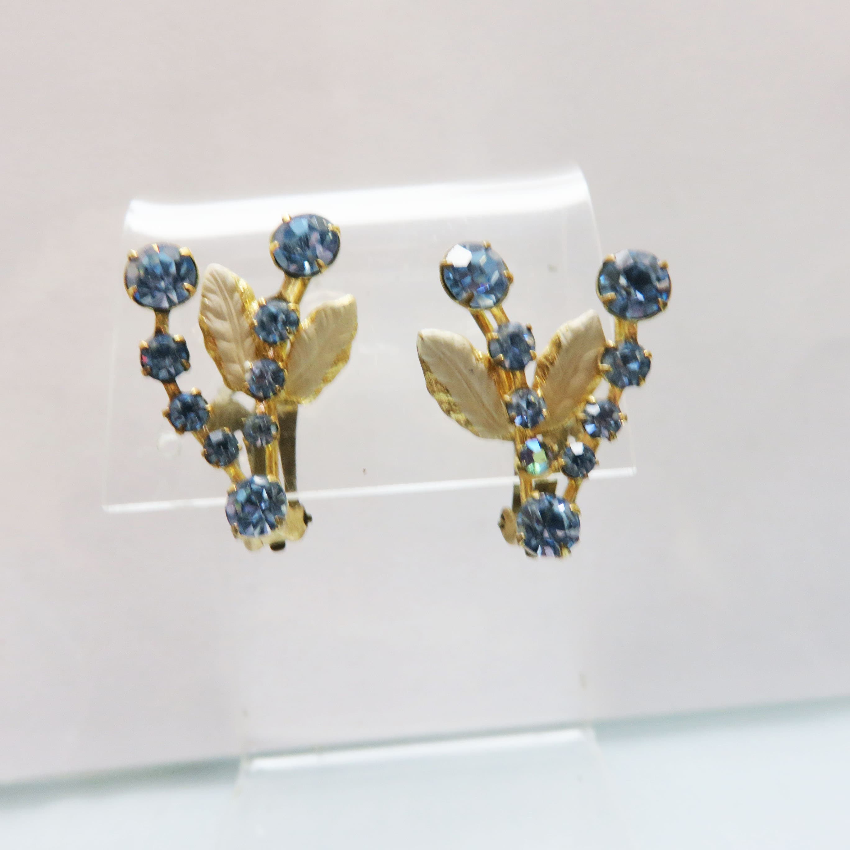 Vintage Made in Austria Blue Rhinestone Leaf Clip-On Earrings