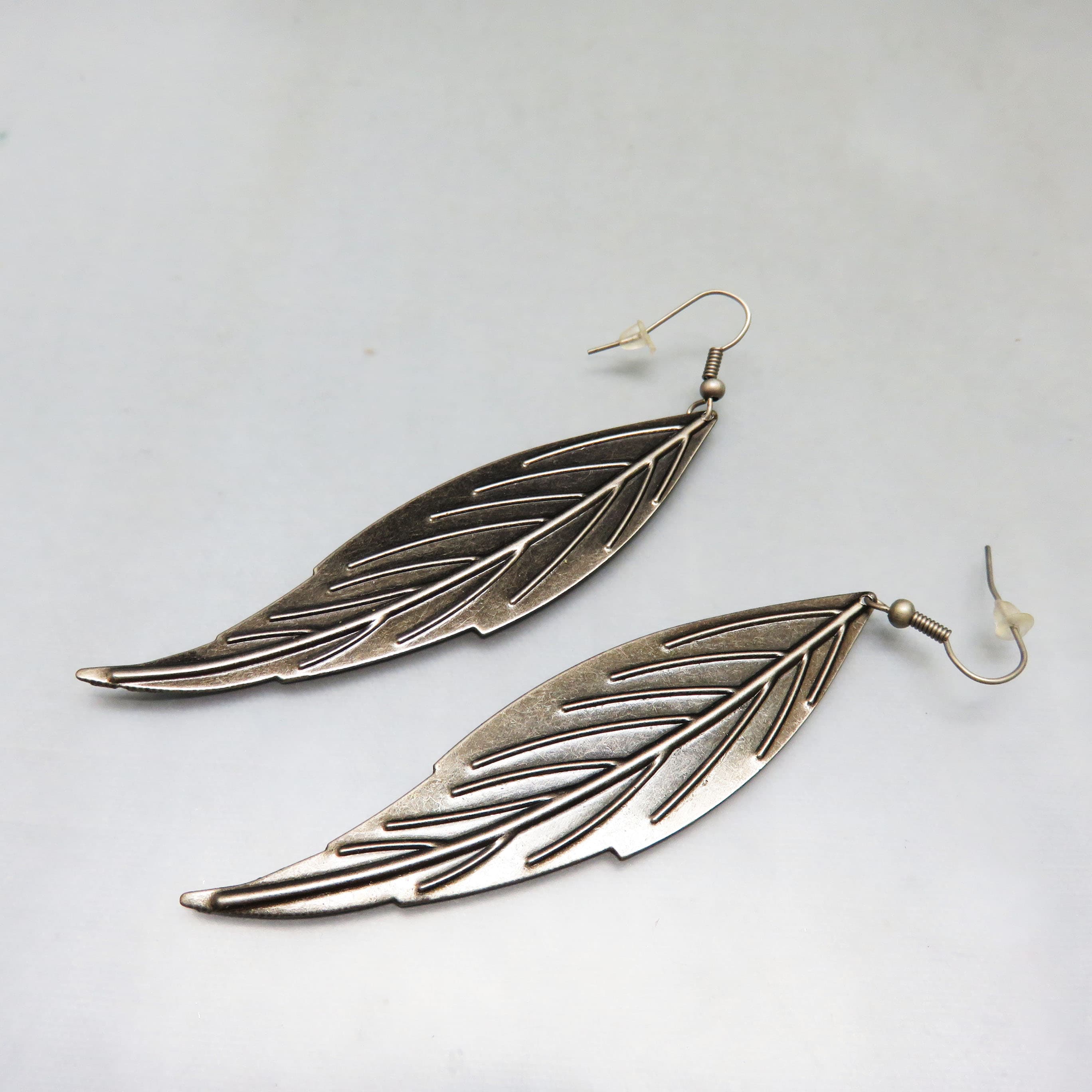 Oversized Stamped Feather Earrings – Silver-Patina Brass