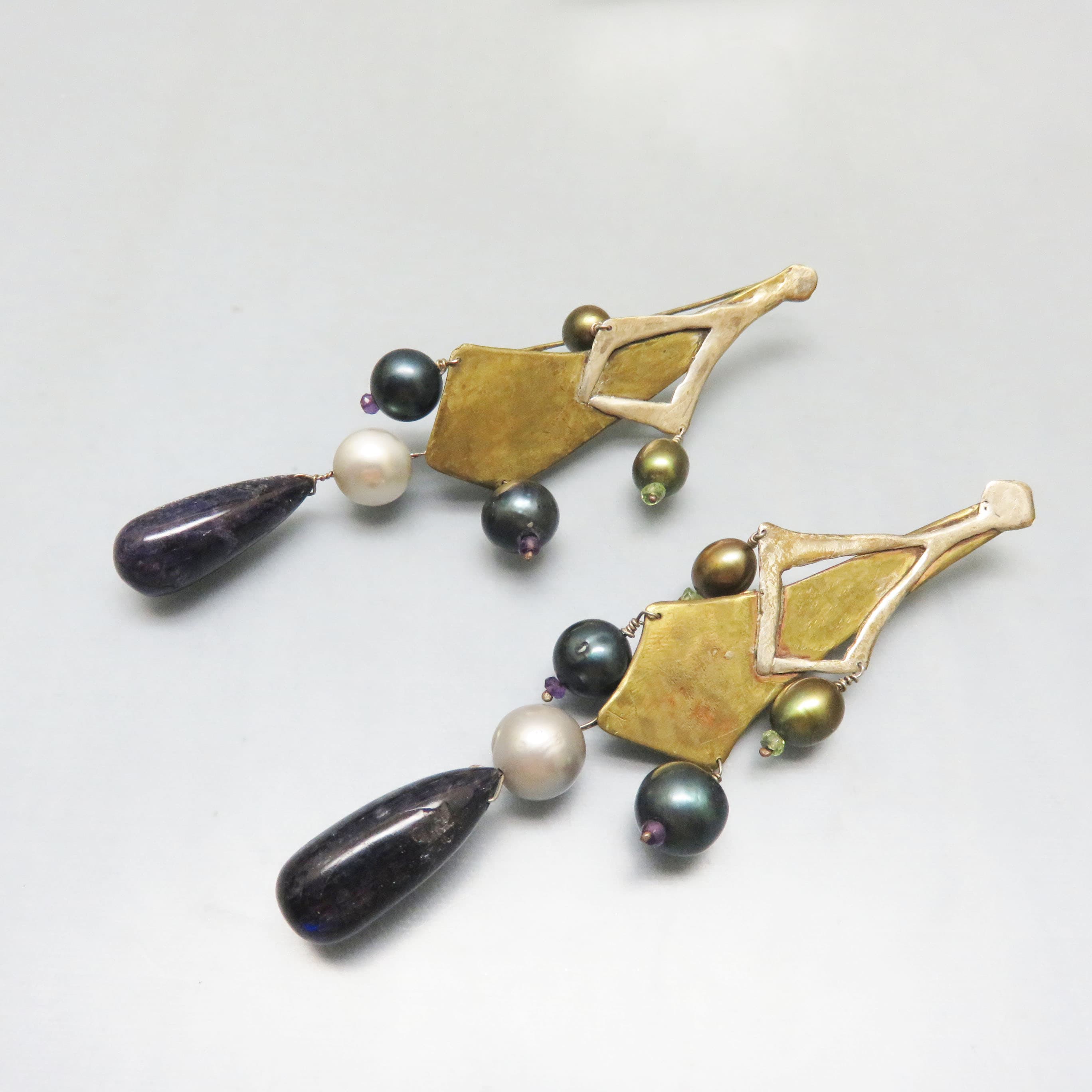 Artisan Bronze, Sterling and Pearl Sculptural Earrings