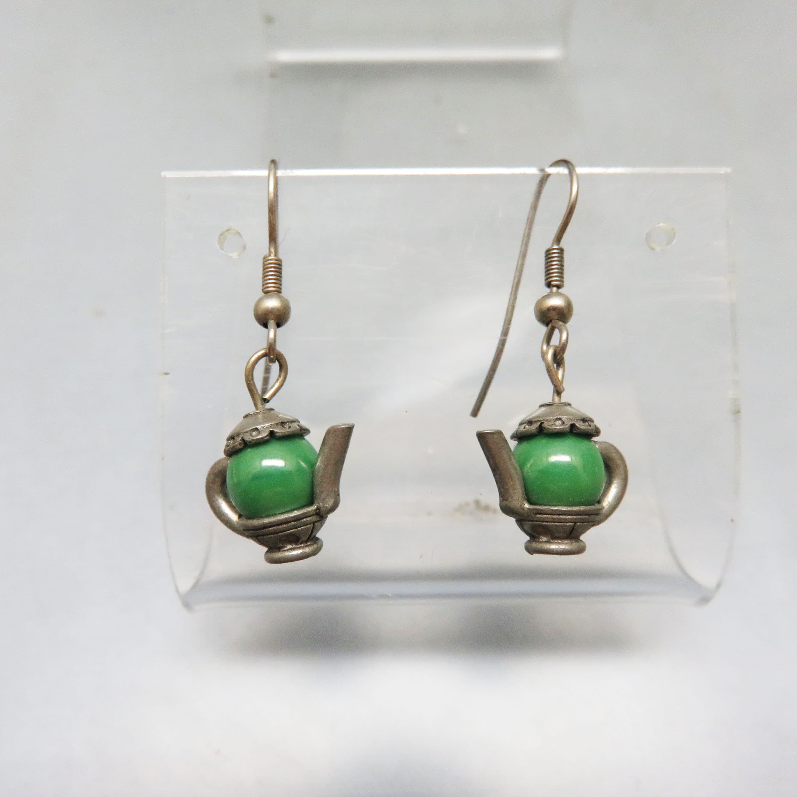 Green Stone Bead Teapot Pierced Dangle Earrings