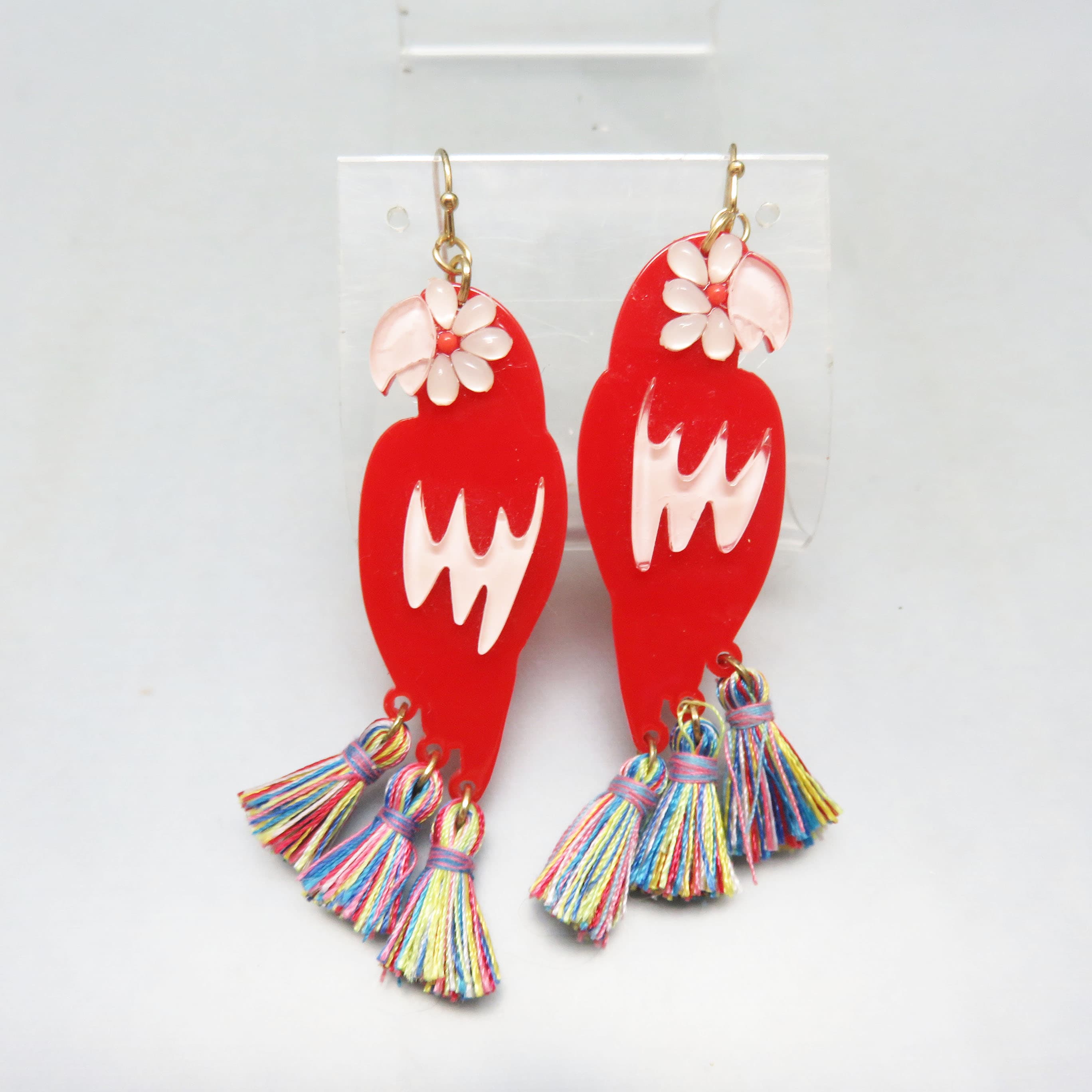 Tropical Red Parrot Resin Tassel Earrings