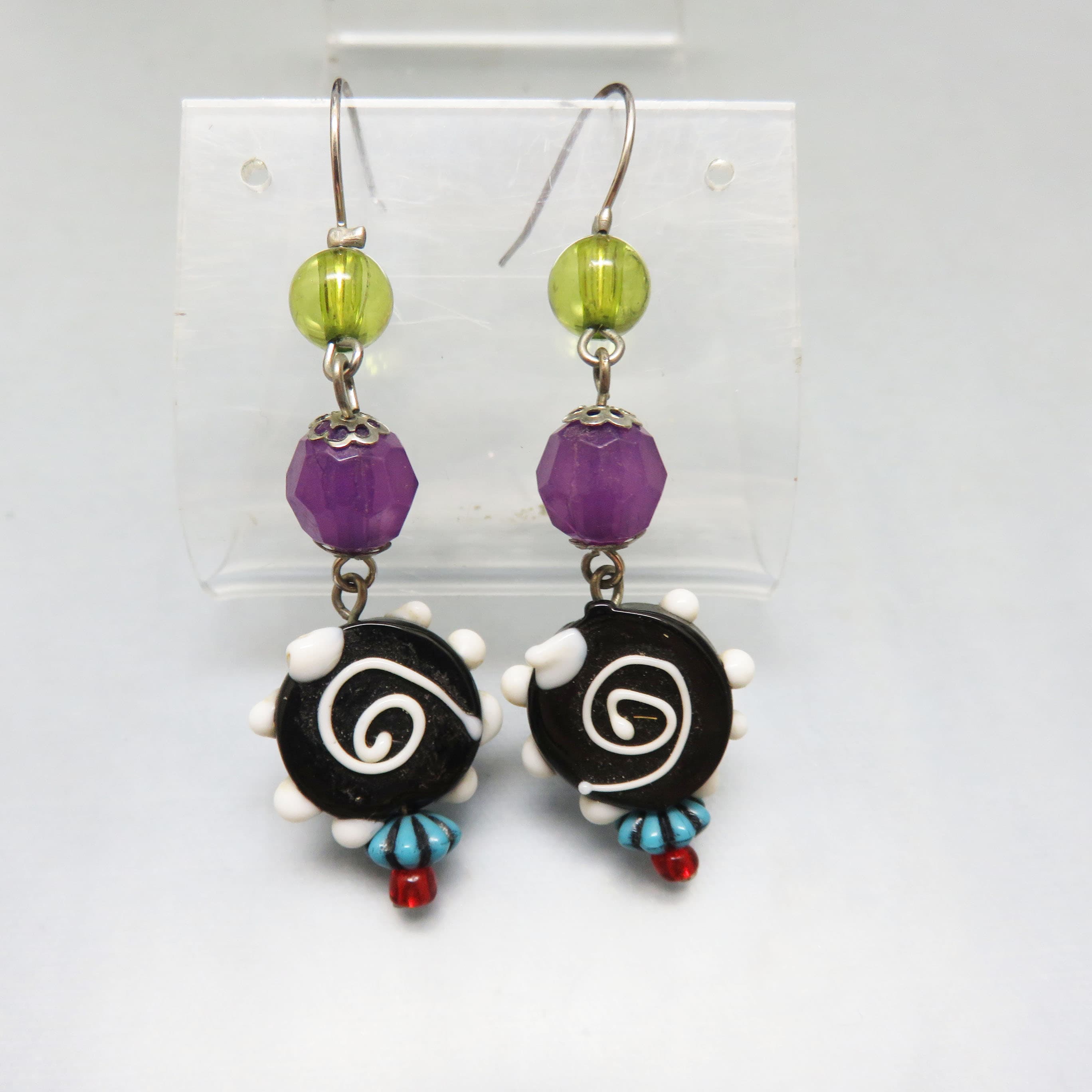 Purple, Lime Green & Black Glass Bead Dangle Earrings — French Hook