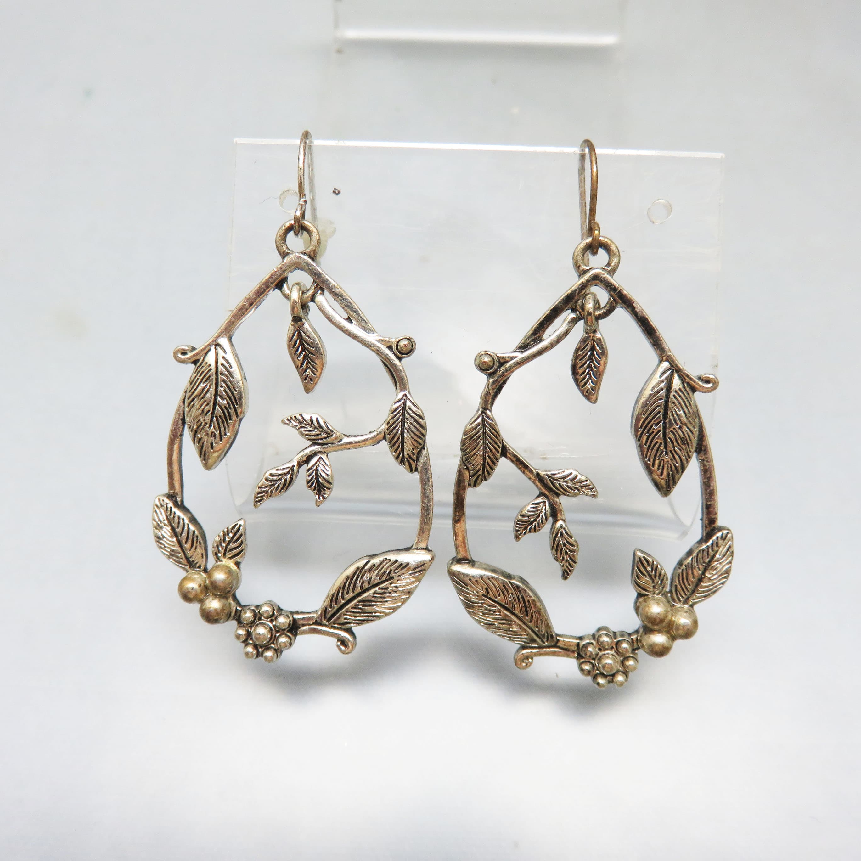 Antiqued Silvertone Botanical Wreath Dangle Earrings — French Hook