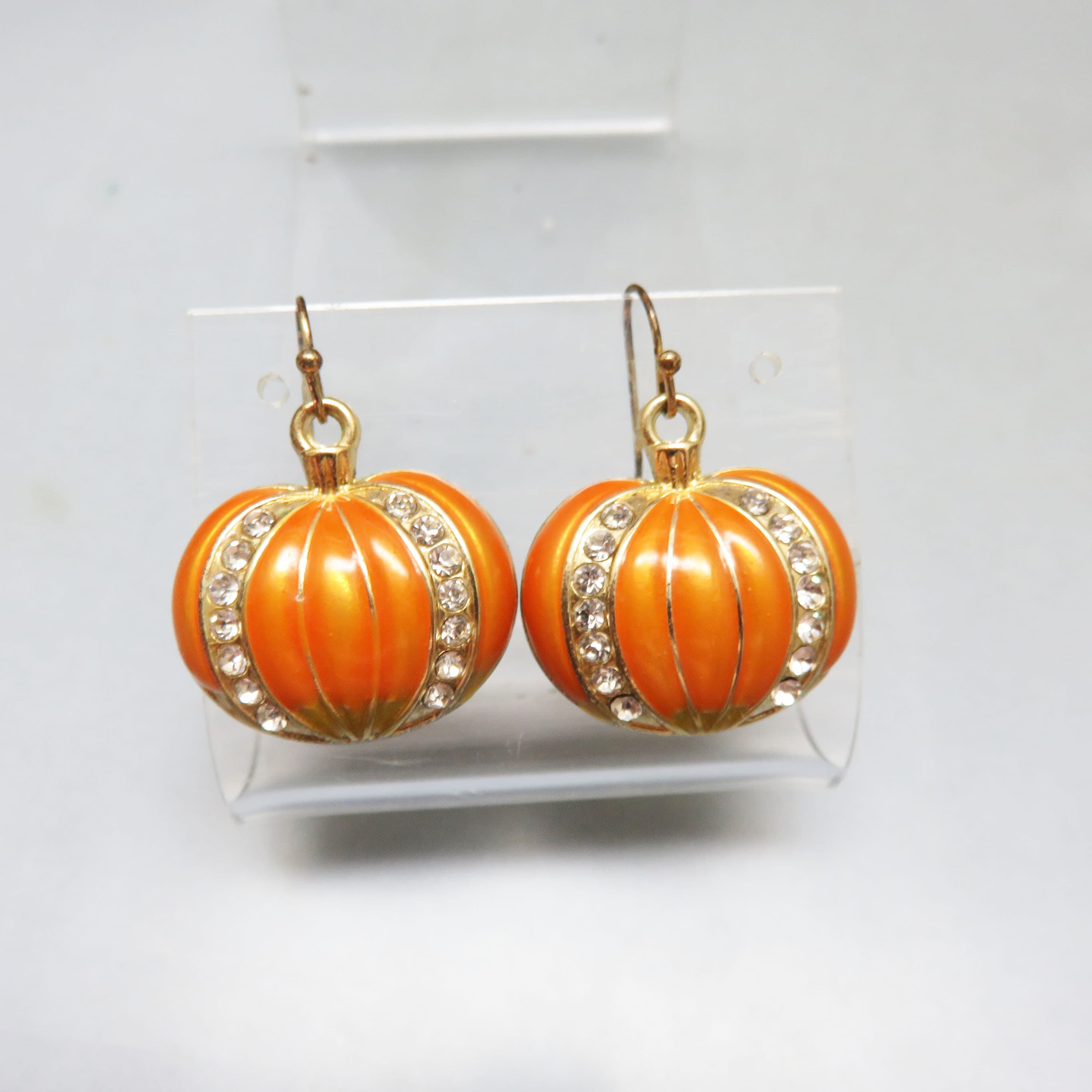 The Jeweled Pumpkin Earrings – Orange Enamel & Rhinestone Dangles