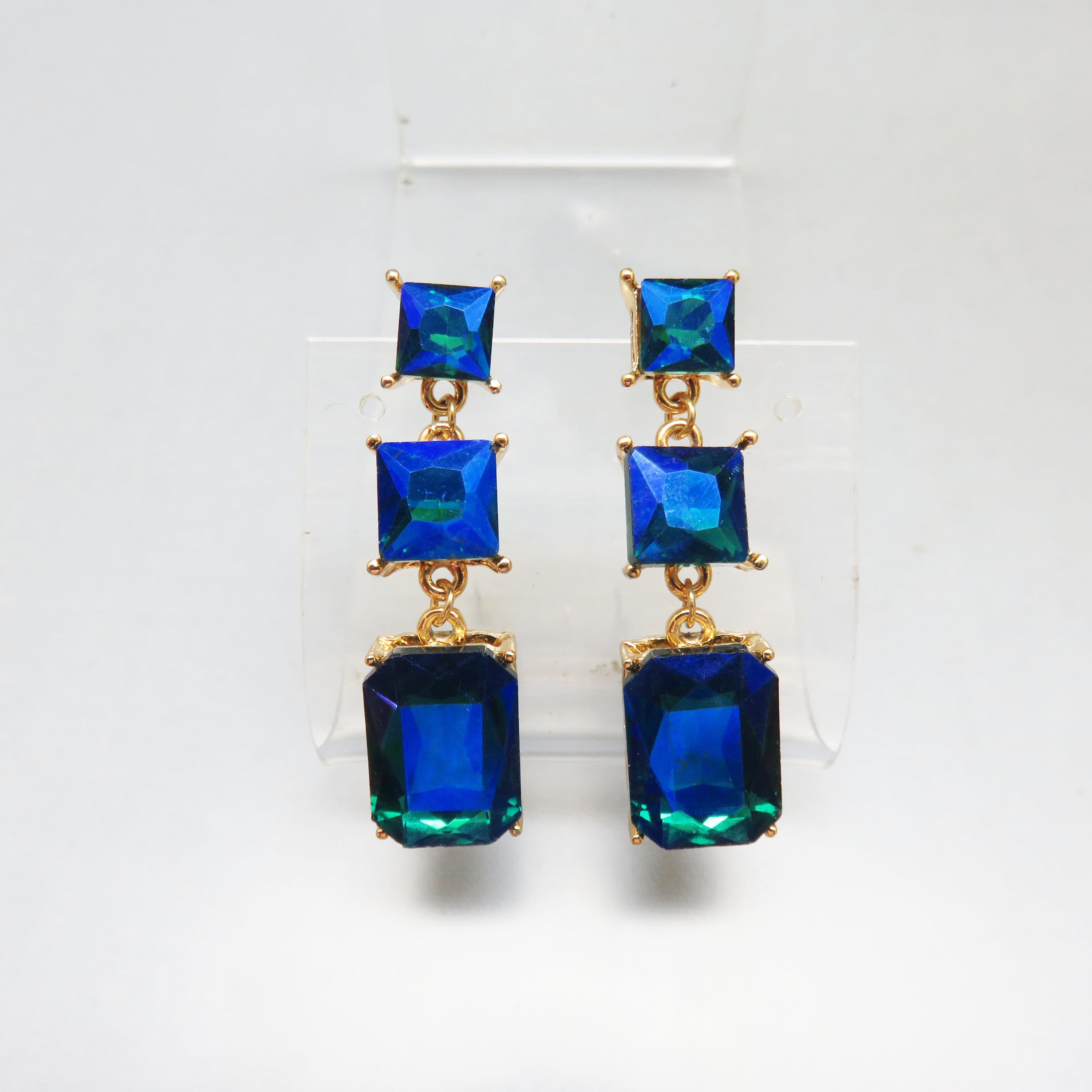 The Peacock Jewel Earrings – Blue-Green Rhinestone Drops