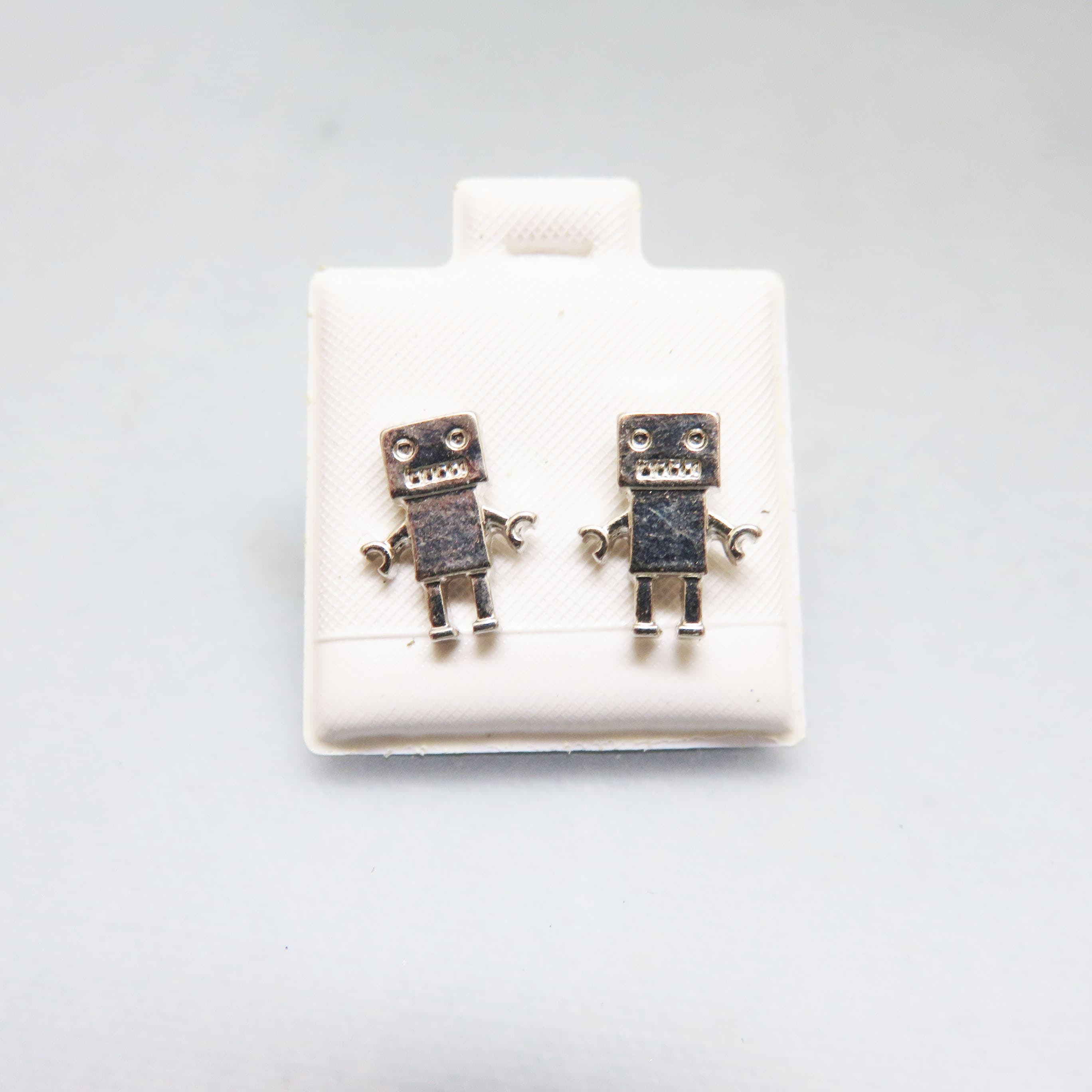 Tiny Silvertone Robot Stud Earrings