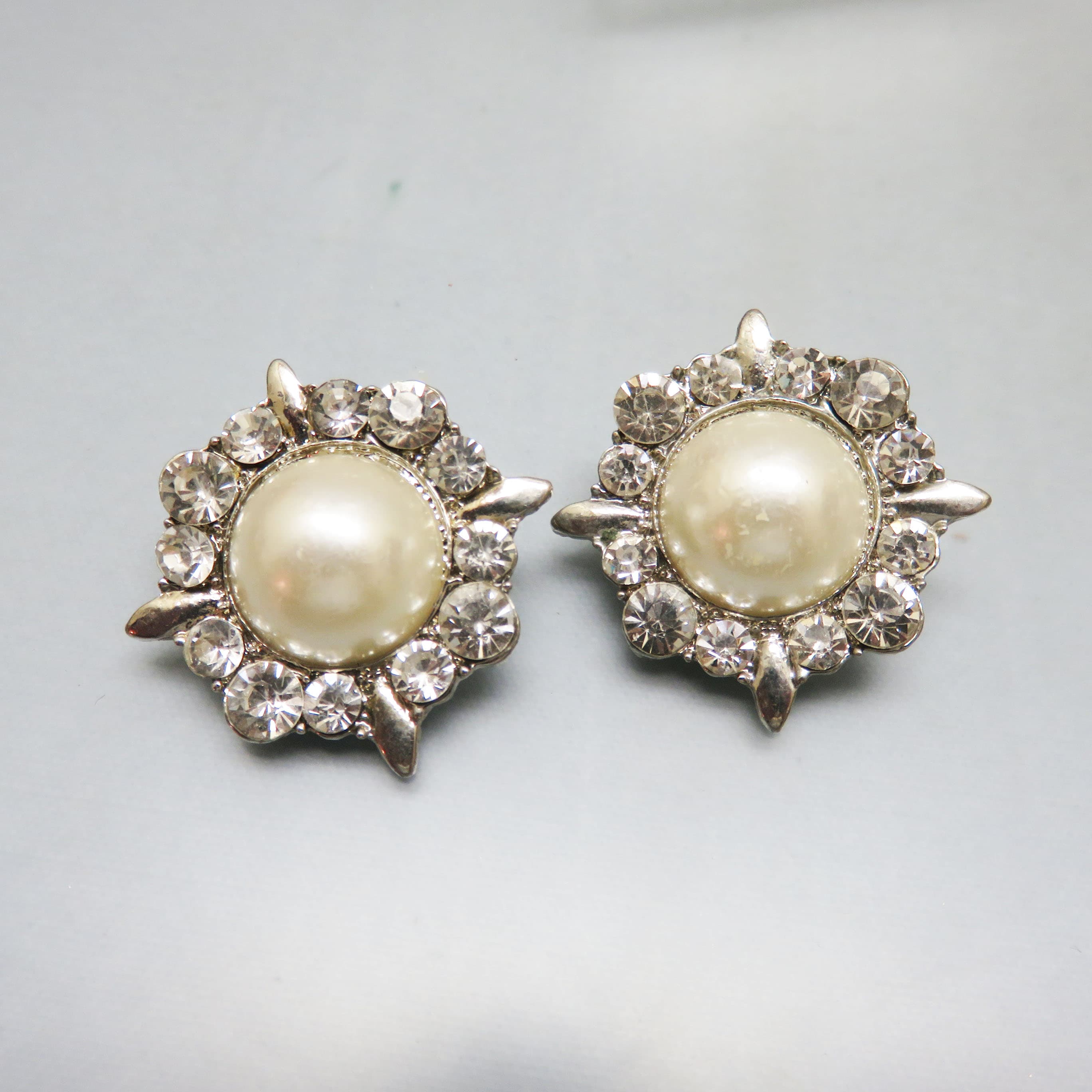 Oversized Rhinestone and Faux Pearl Clip-On Earrings