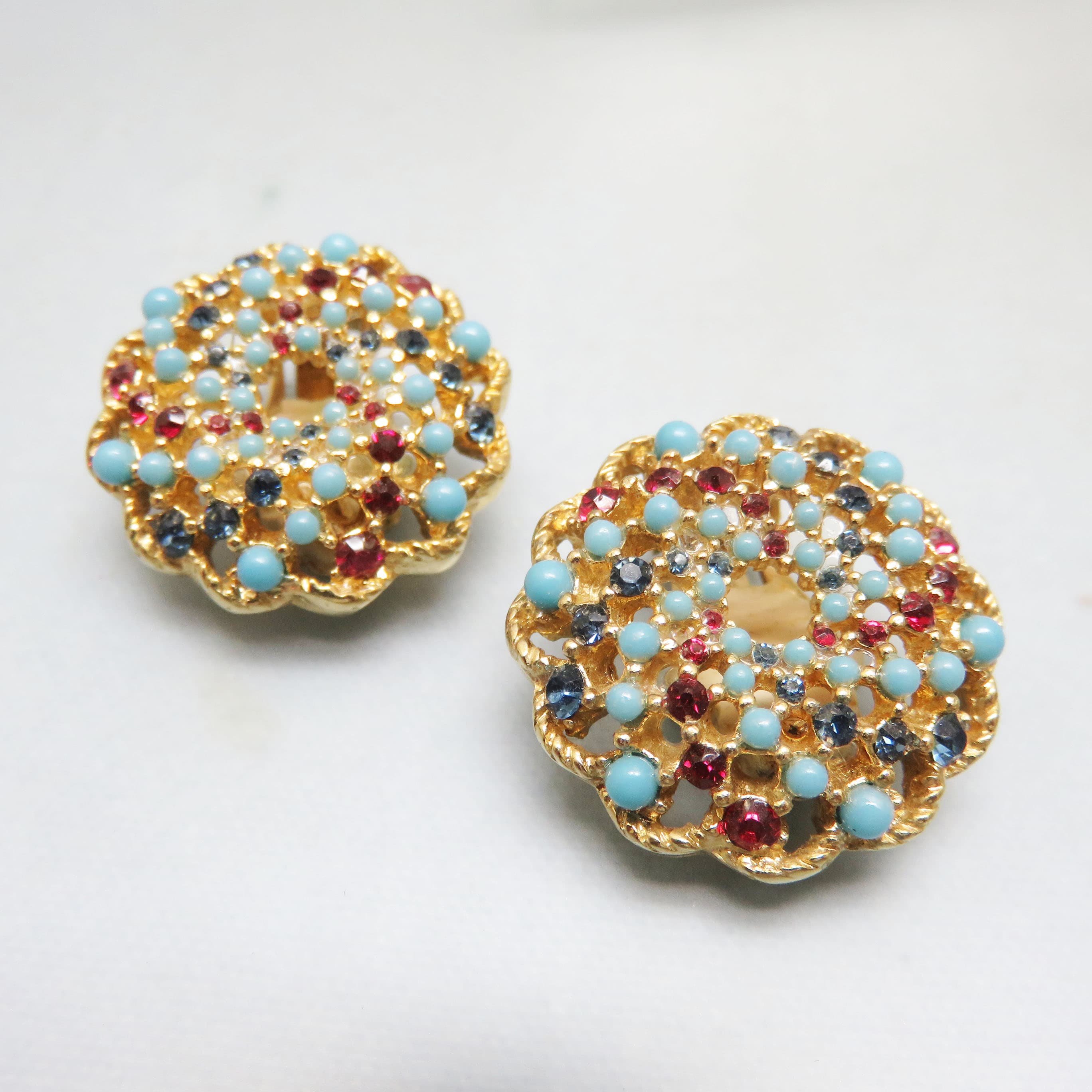 Vintage Sarah Coventry Multicolor Rhinestone and Bead  Clip-On Earrings