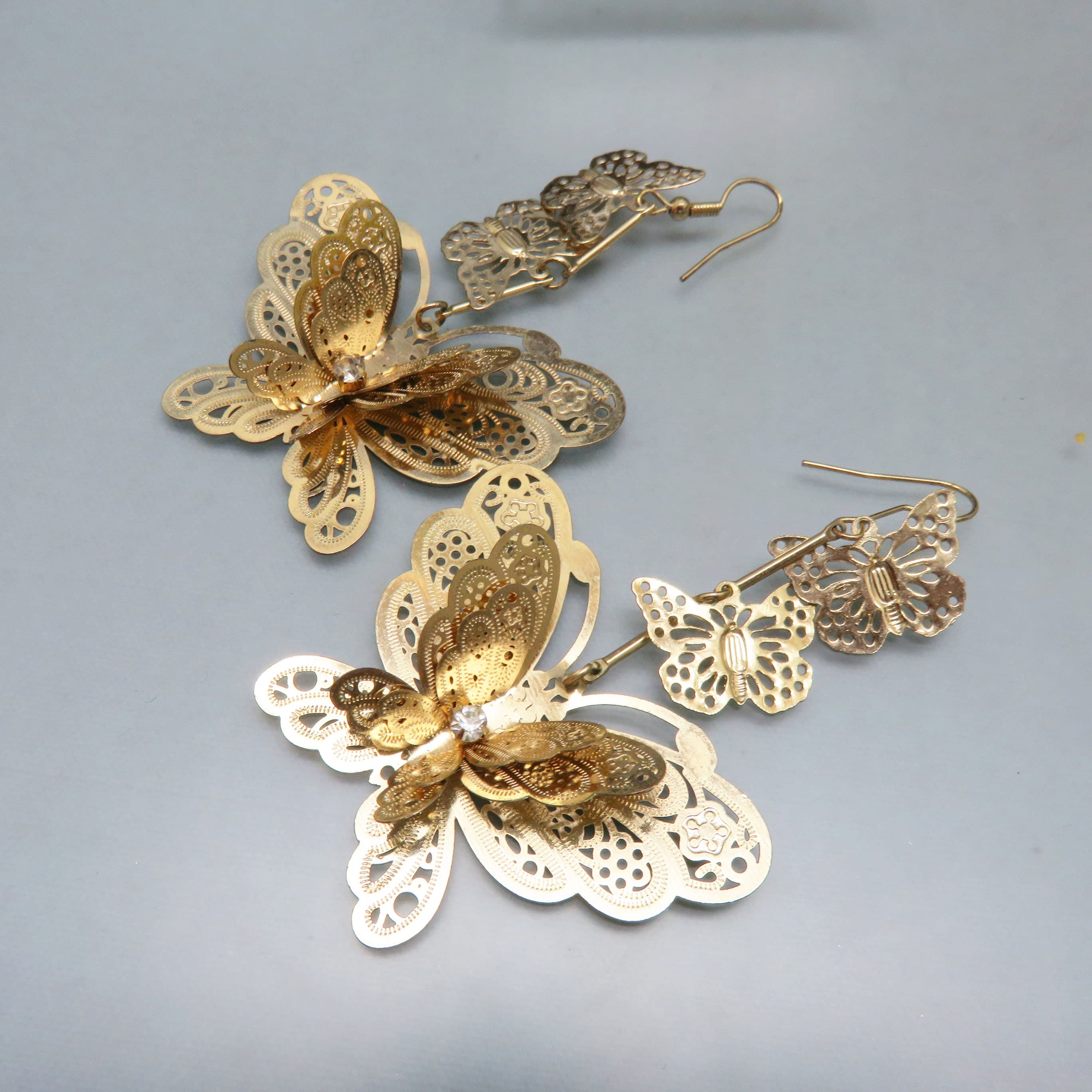 Oversized Goldtone Filigree Butterfly Chandelier Earrings
