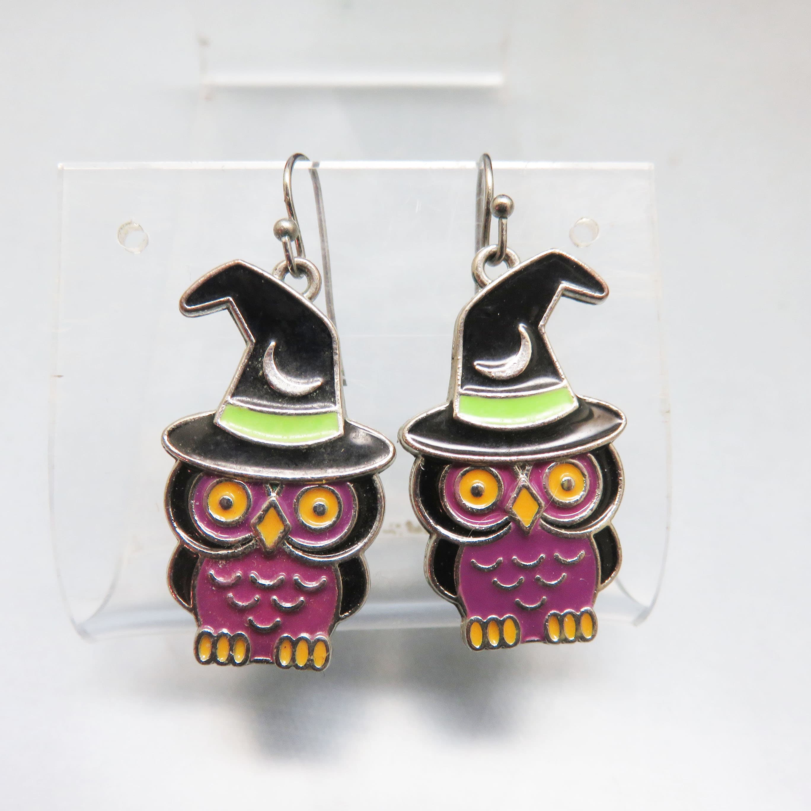 Witchy Owl Enamel Dangle Earrings, Halloween Owl Earrings, Purple Owl Jewelry, Black Witch Hat Earrings, French Hooks