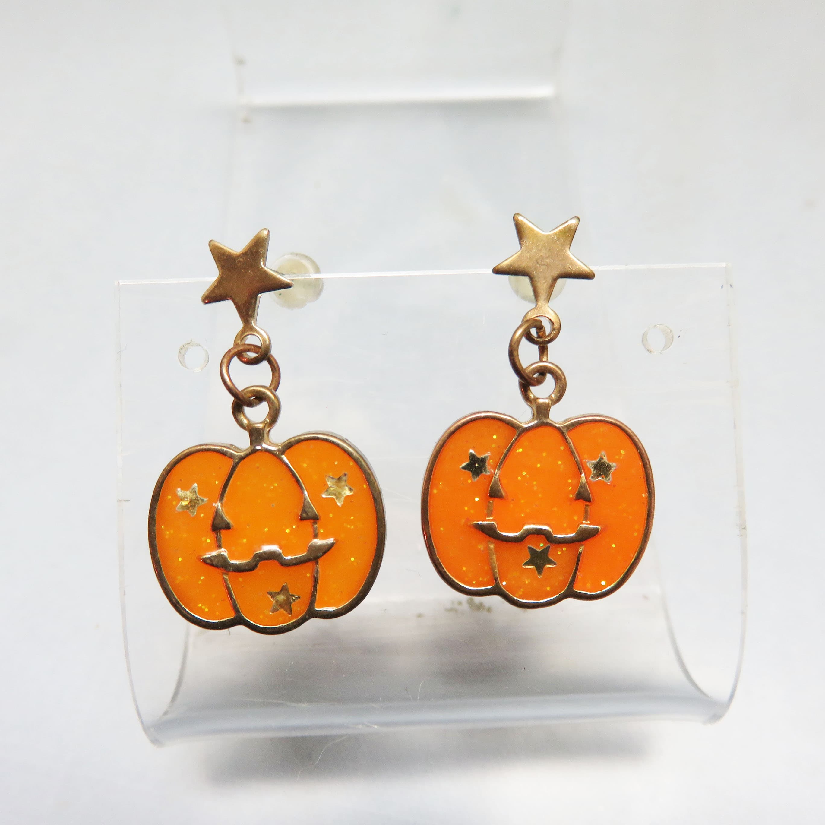 Glitter Pumpkin Dangle Earrings, Halloween Jack O Lantern Earrings, Orange Pumpkin Jewelry, Star Post Earrings, Fall Earrings