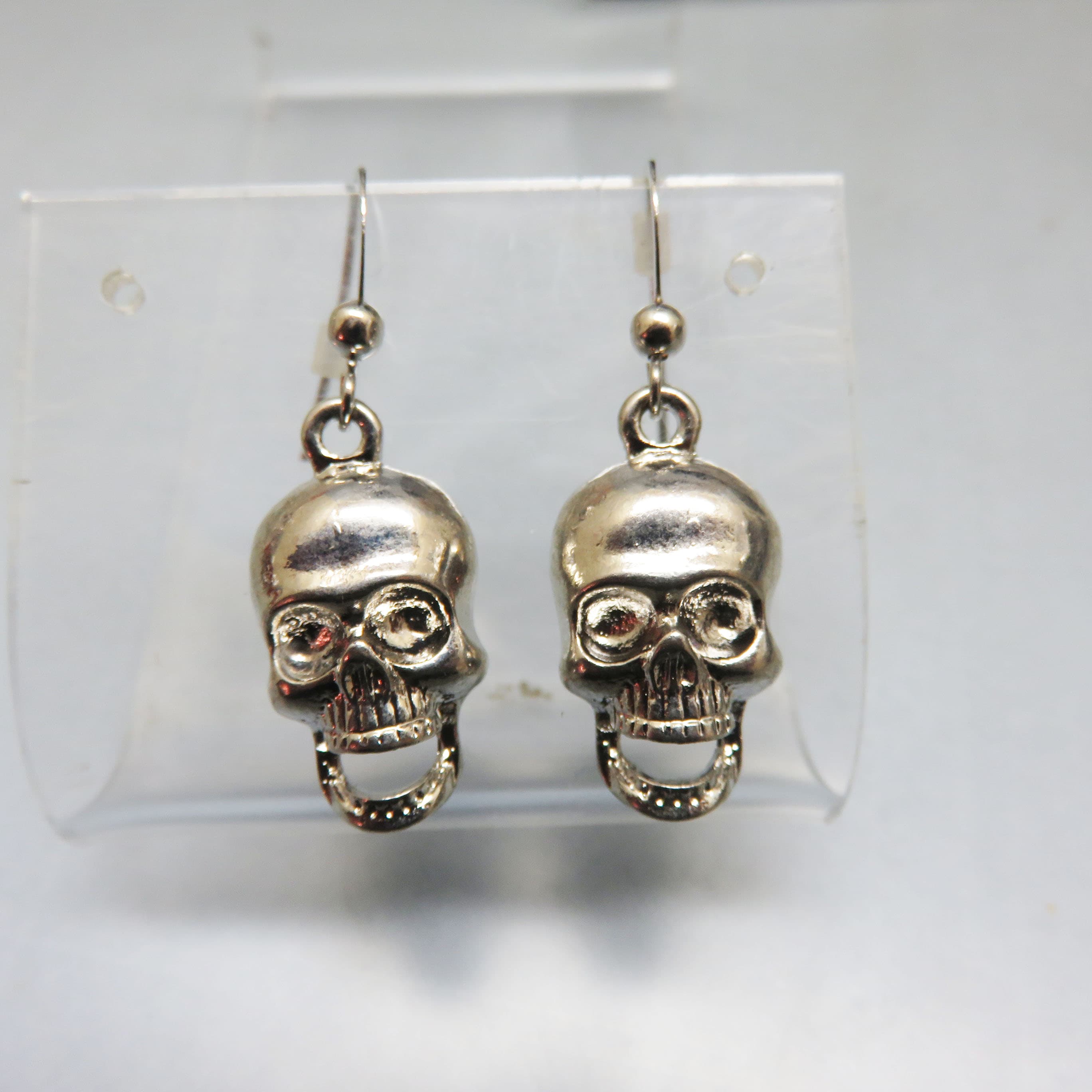 Silver Skull Dangle Earrings, Gothic Skull Earrings, Halloween Skull Jewelry, Punk Rock Earrings, French Hook Earrings