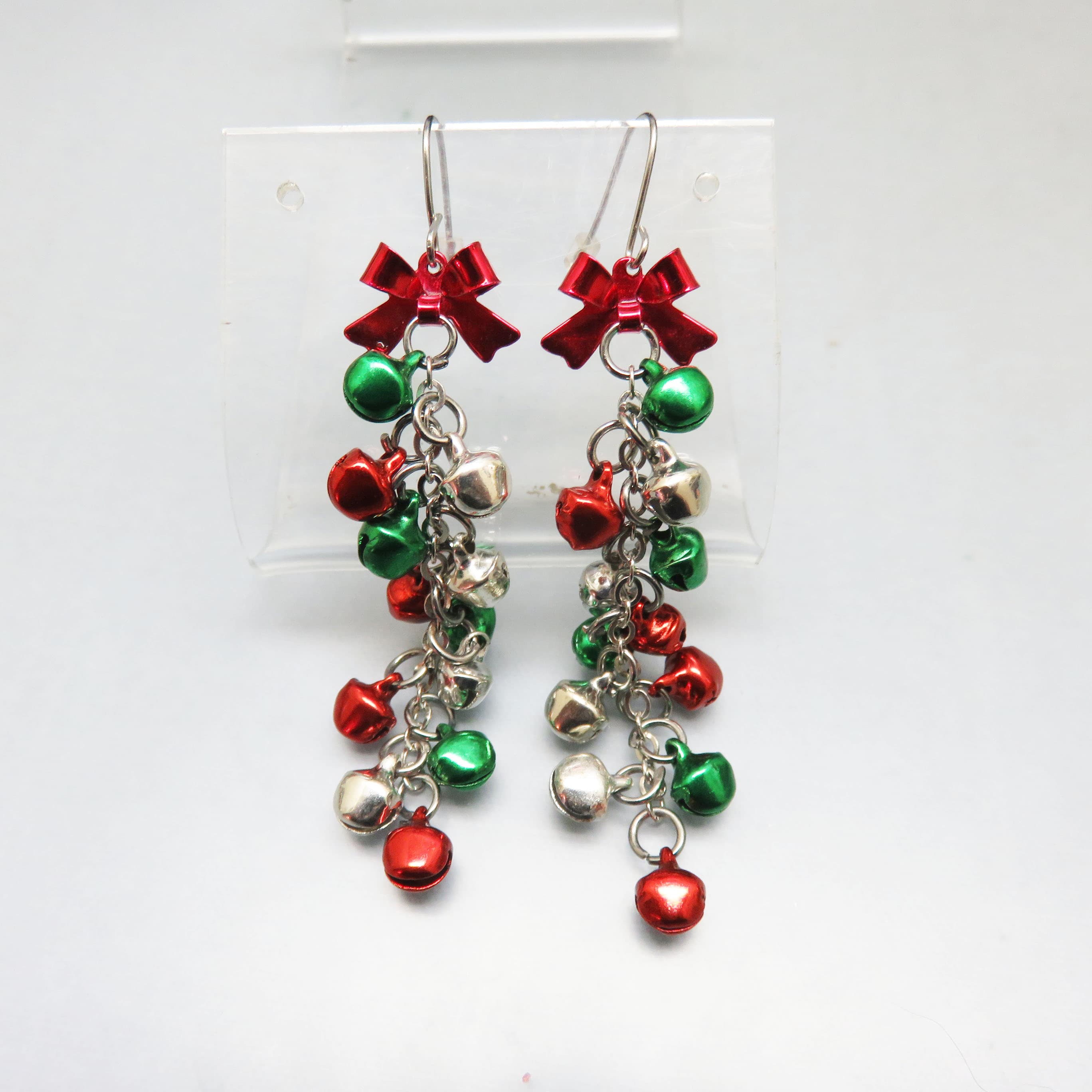 Jingling Christmas Bell Earrings, Red Bow Holiday Dangles, Festive Jingle Bell French Hook Earrings