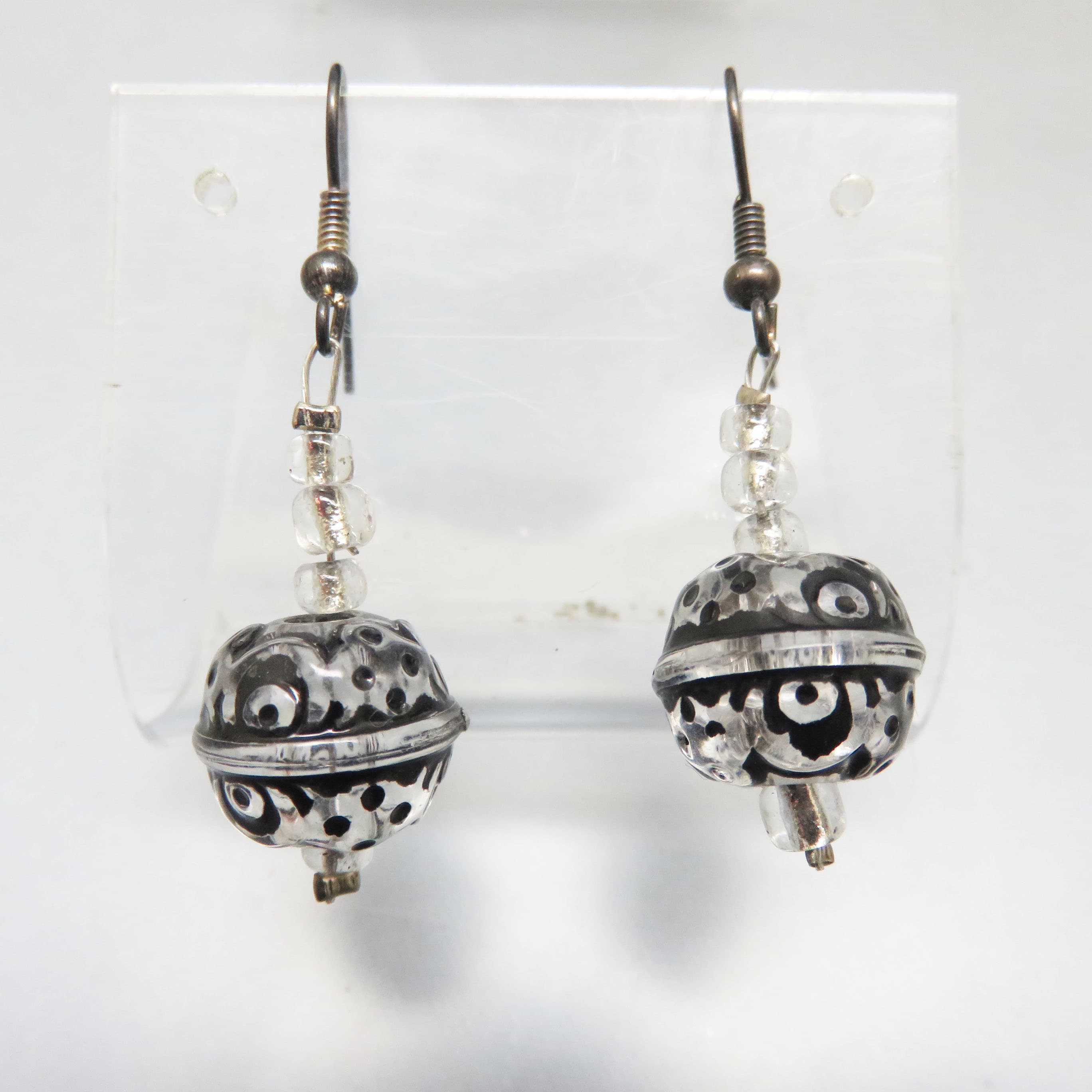Handmade Sterling Silver & Hand Blown Glass Orb Earrings | Artisan Black & White Glass Bead Dangle Earrings