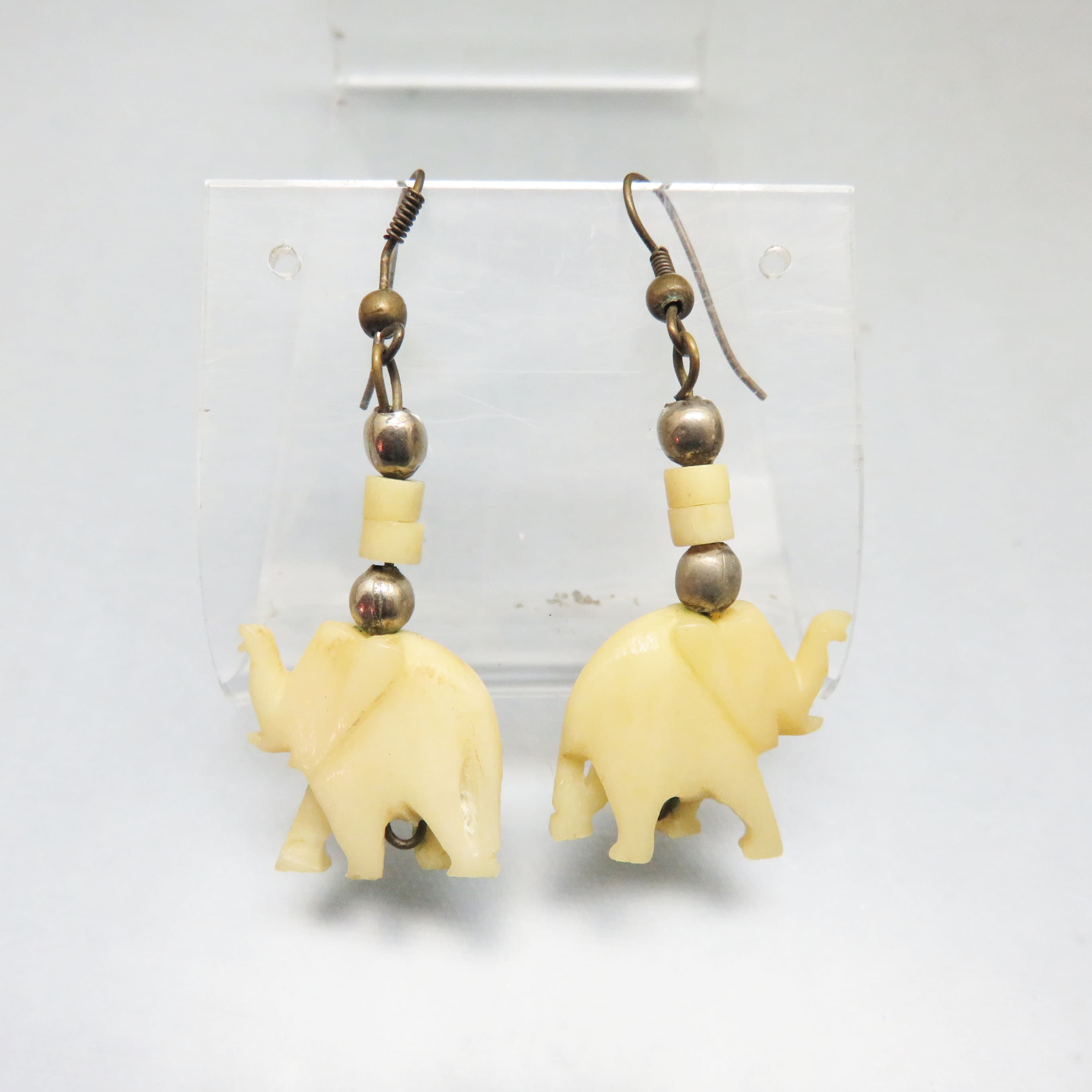 Vintage Hand Carved Cow Bone Elephant Earrings, Safari Animal Dangle Earrings, Brass French Hooks, Boho Tribal Jewelry