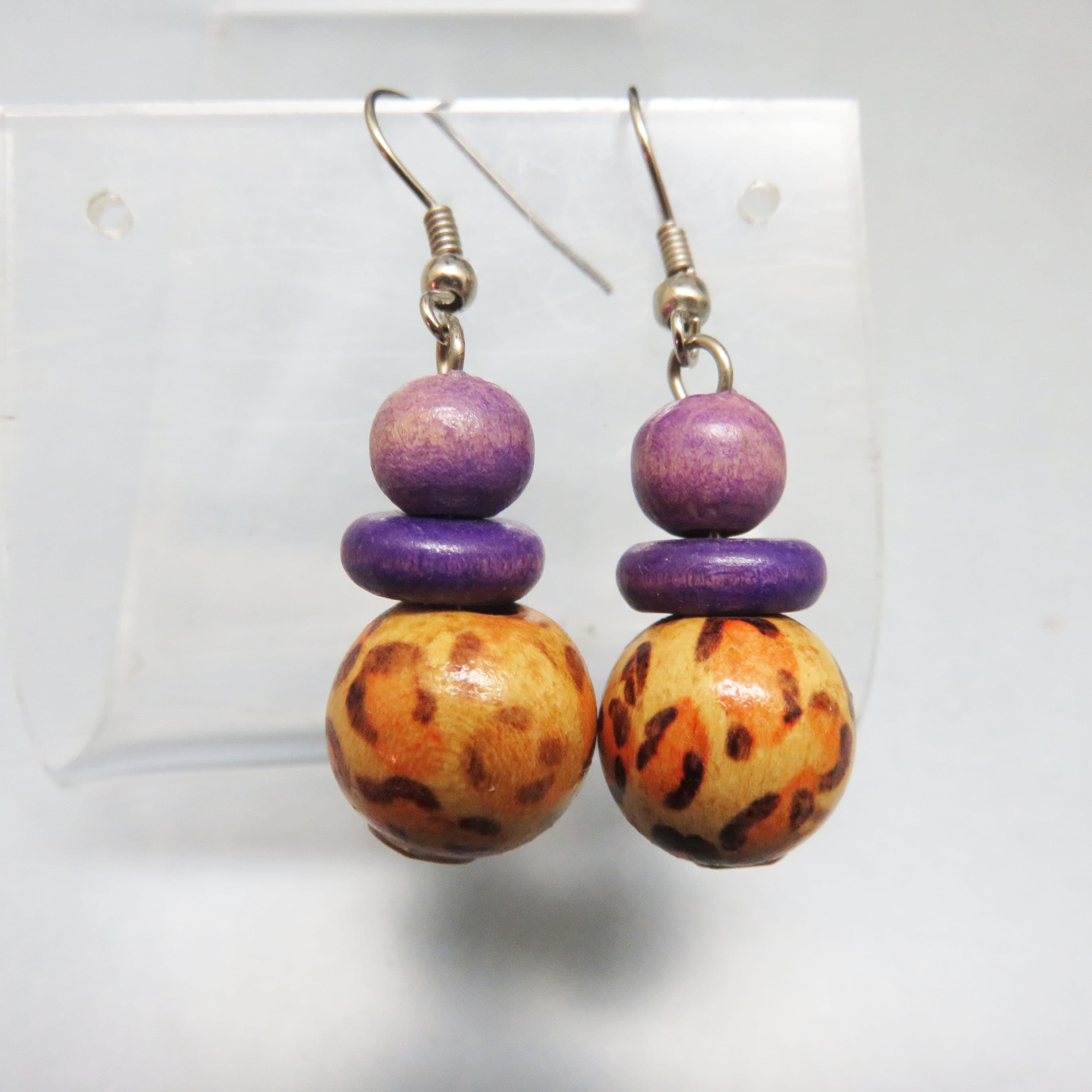 Vintage Leopard Print Wooden Bead Earrings, Lightweight Animal Print Dangle Earrings, Purple Wood Beads, Boho Safari Jewelry