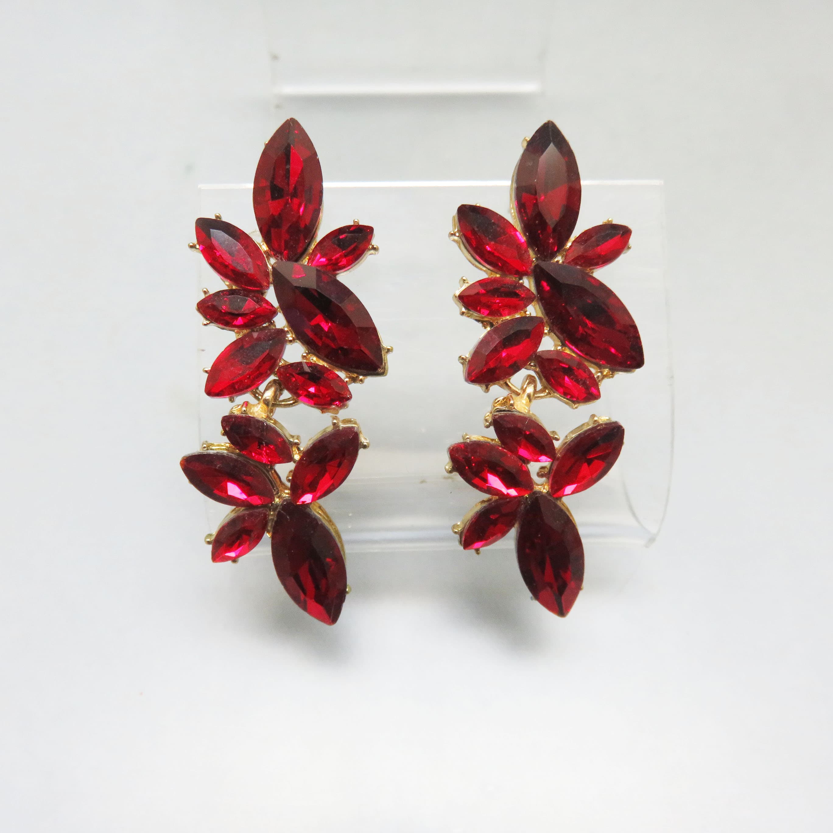 Vintage Cherry Red Rhinestone Statement Earrings, Gold Tone Floral Spray Earrings, Elegant Evening Jewelry, Pierced Posts